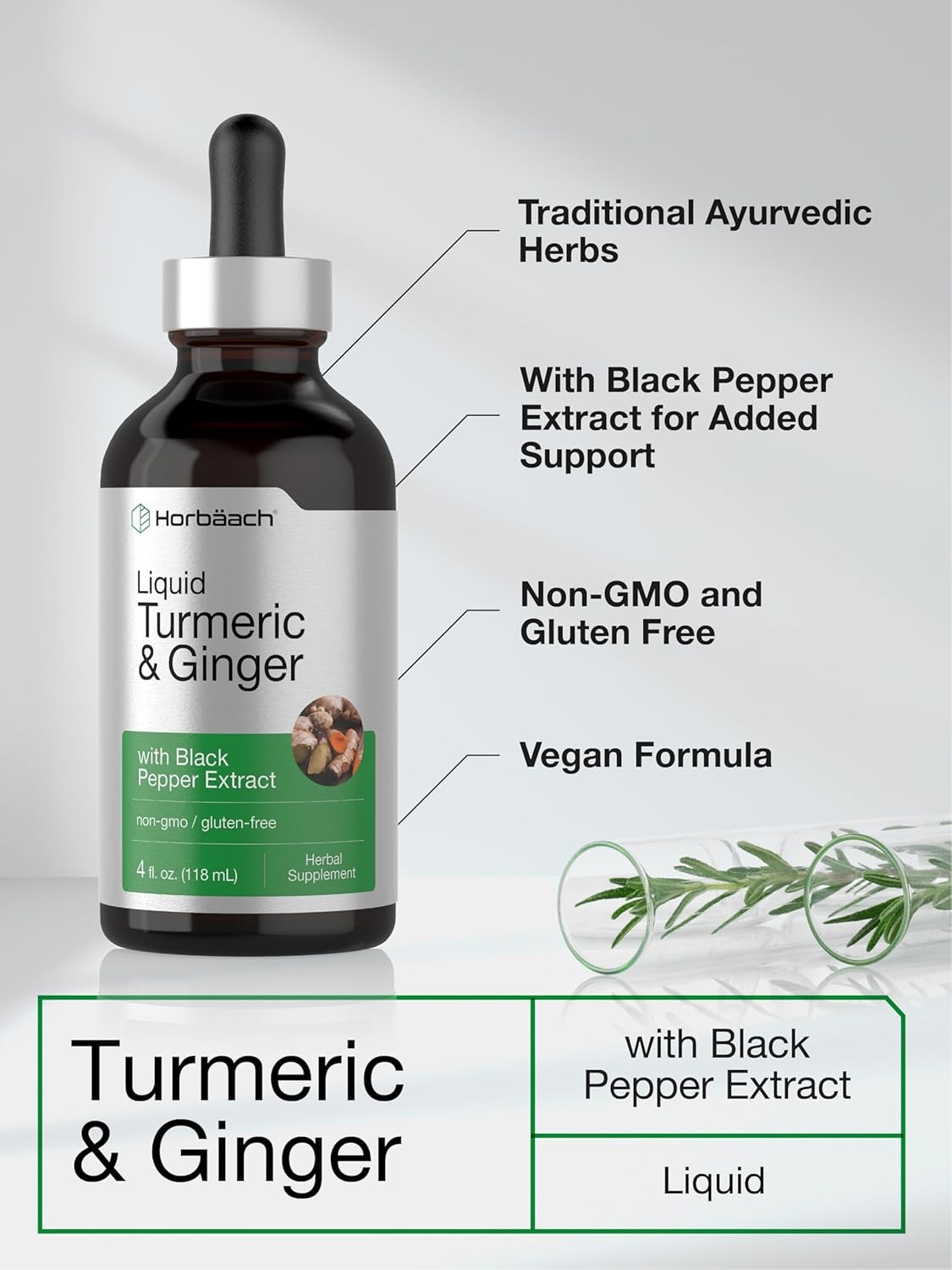 Turmeric and Ginger Liquid 4 fl oz | with Black Pepper | Vegan | by Horbaach