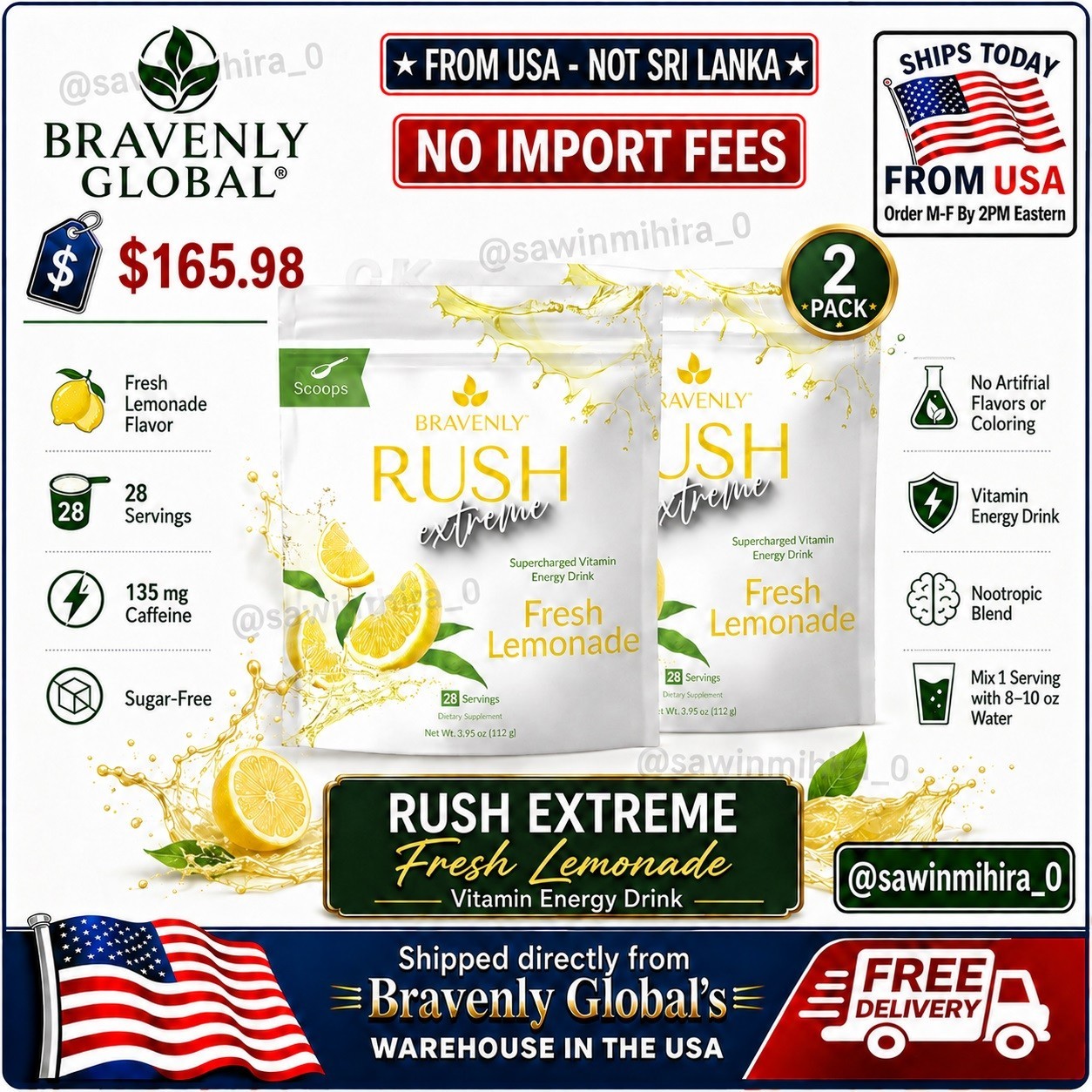 2 Pack Bravenly Rush Extreme Lemonade Energy Focus Powder Sugar Free 28 Servings