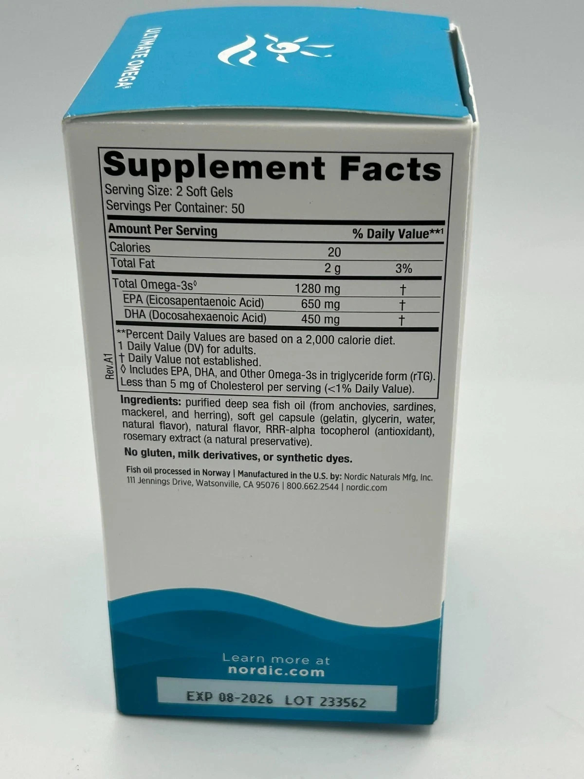 Nordic Naturals Ultimate Omega 1280mg 100 Soft Gels Fish Oil Supplement 08/26