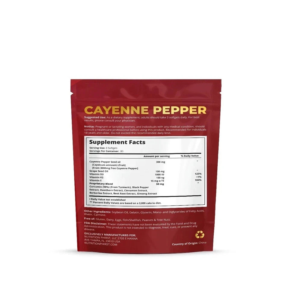 Cayenne Pepper Softgels Supplement, Supports Leg Vein, 300 Softgels /3 Bags US