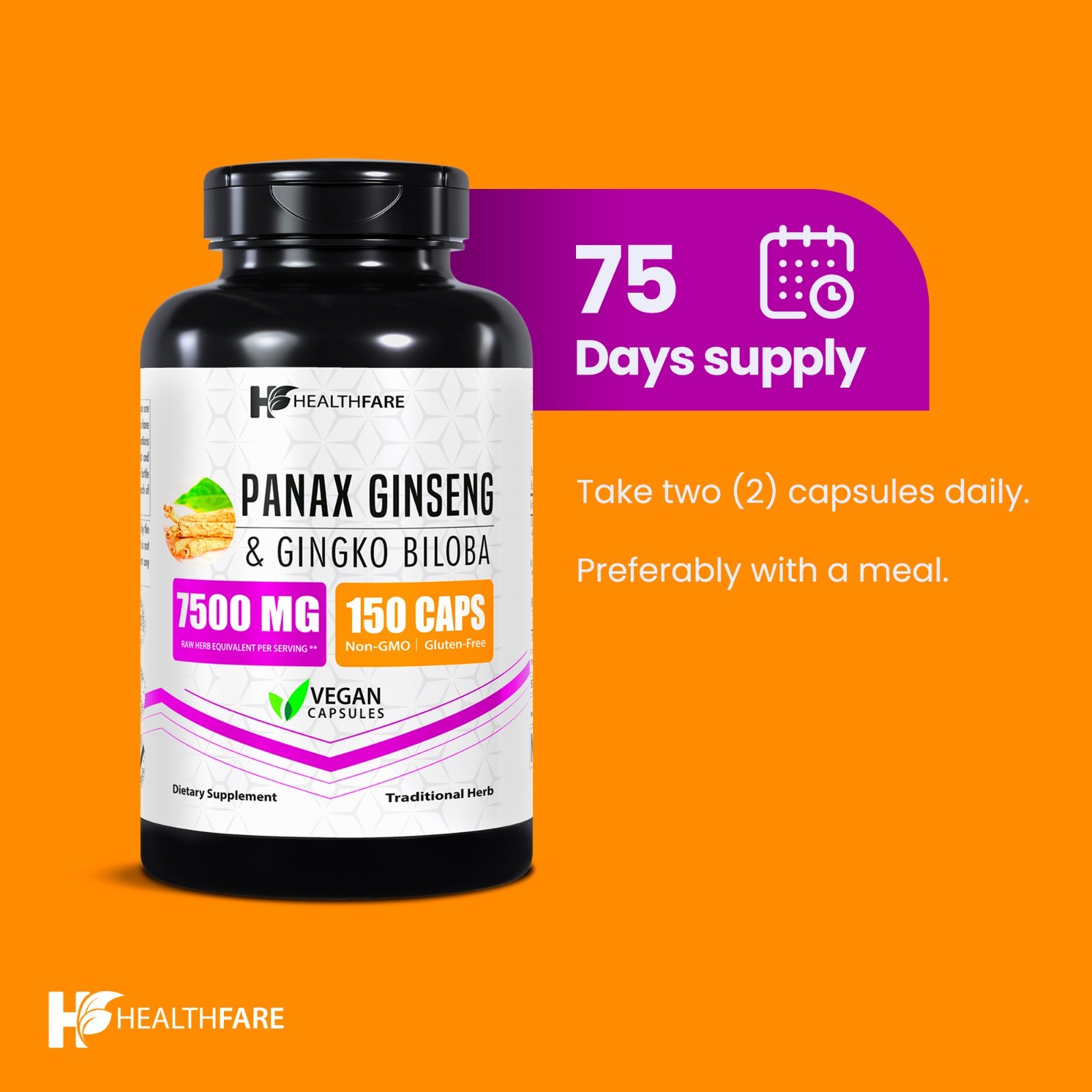Healthfare Panax Ginseng & Ginkgo Biloba 7500mg 150 Caps Boost Brain Mood Focus