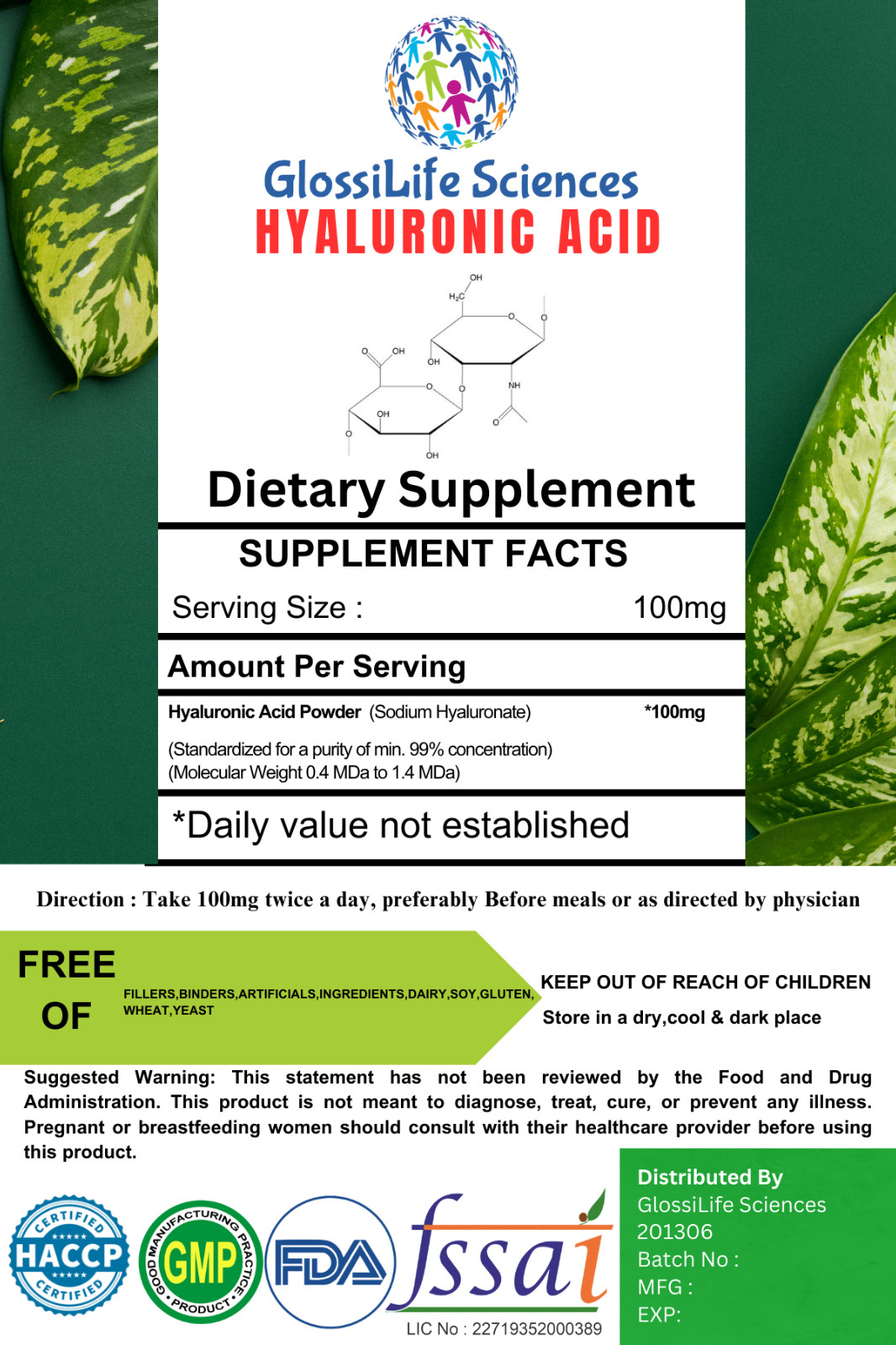 Pure Hyaluronic Acid Powder Food and Cosmetic Grade