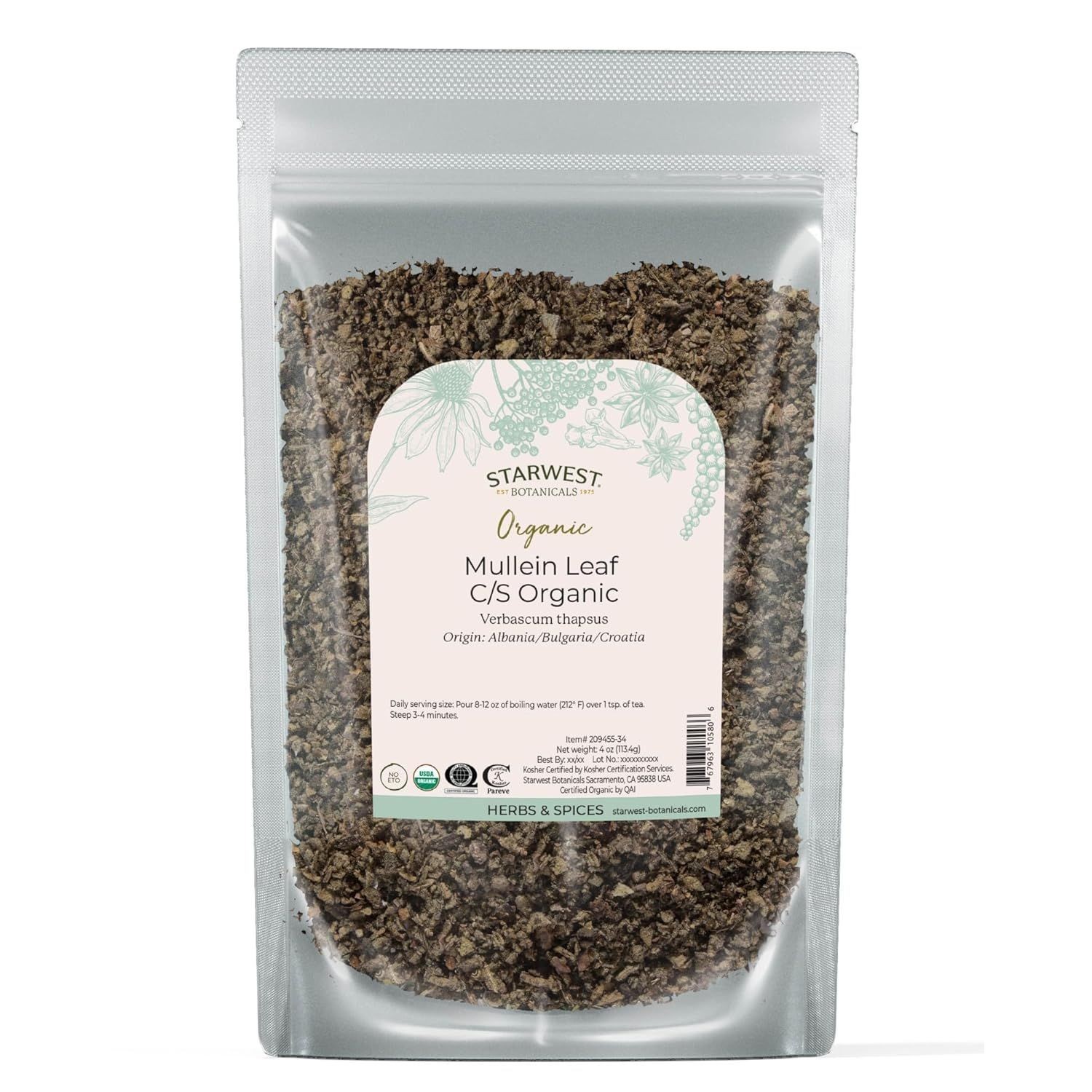 Verbascum thapsus | Té de Hoja de Gordolobo Orgánico Kosher a Granel, Bolsa 113g
