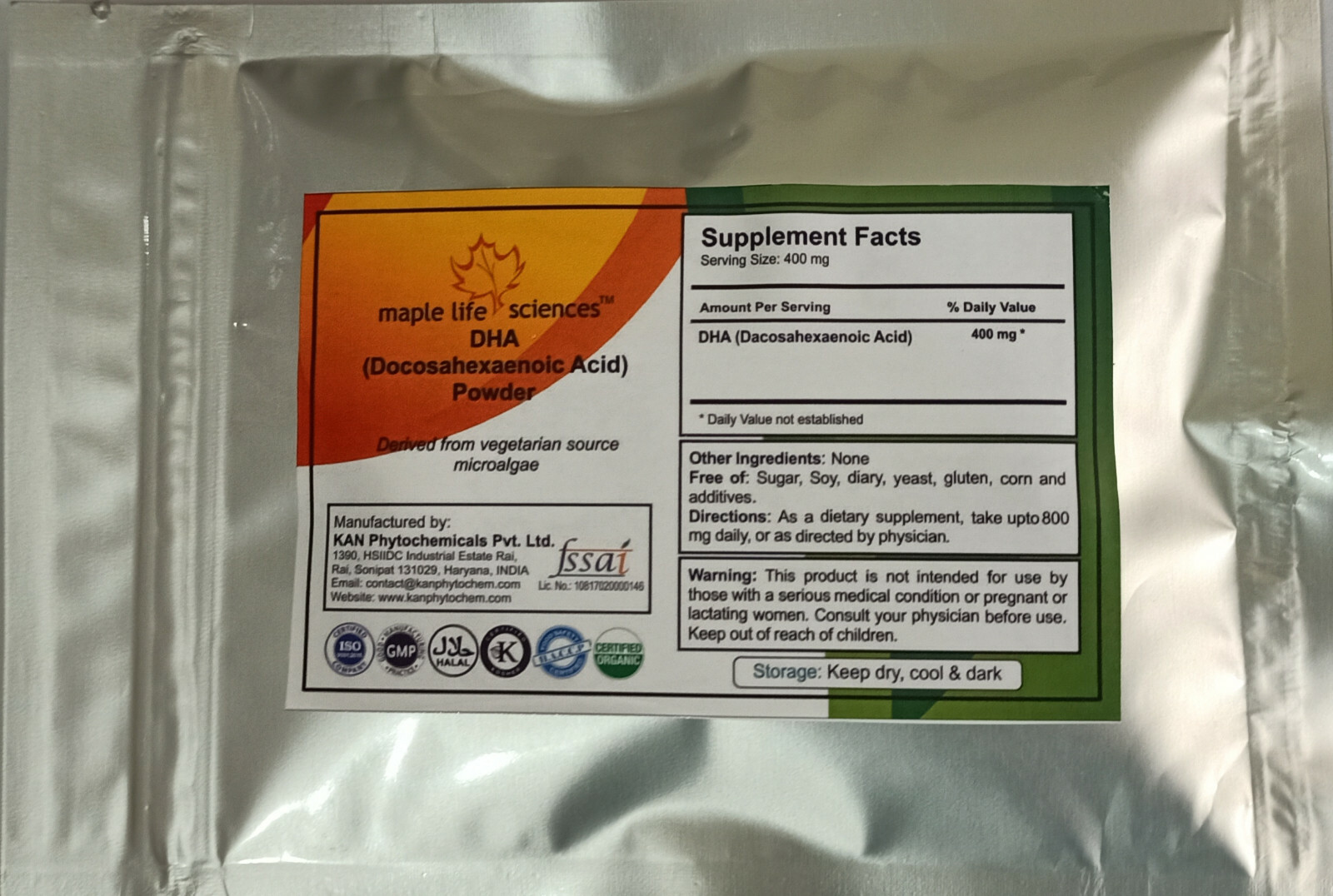DHA Powder Docosahexaenoic Acid OMEGA-3 fatty acid organic source -microalgae