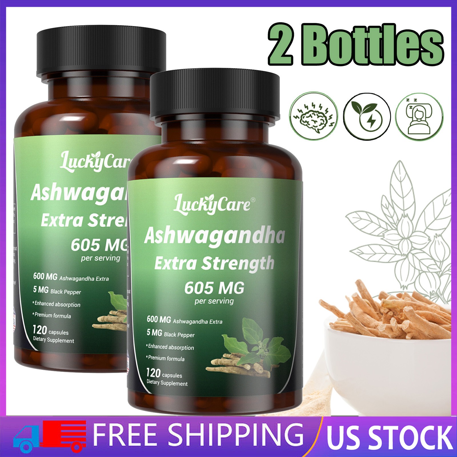Ashwagandha 600mg with Black Pepper 5mg Extract Gluten Free Supplement 2 Bottles