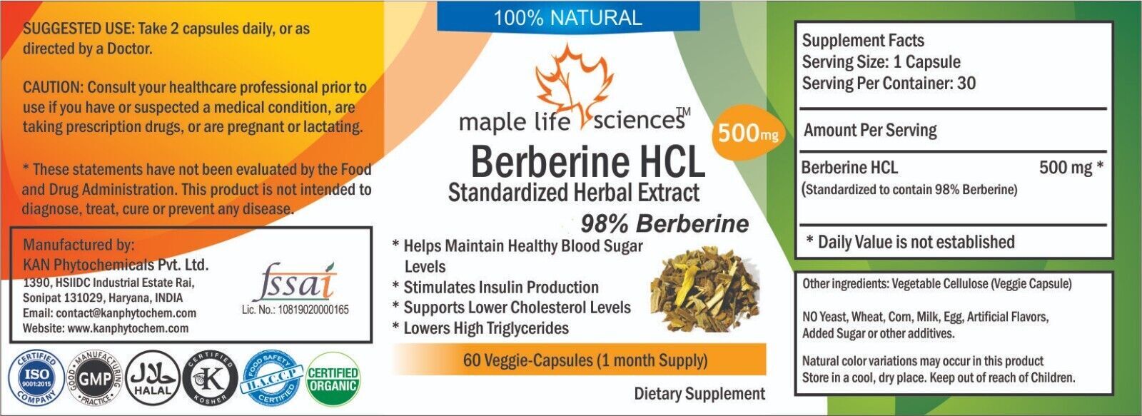 Berberine HCL 98% Extract Capsules Pure & High Quality