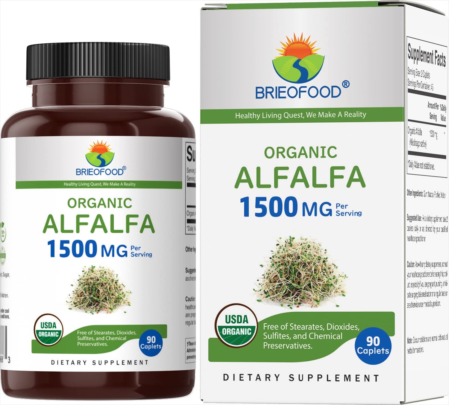 Brieofood Organic Alfalfa 1500mg, 45 Servings, 90 Count (Pack of 1)