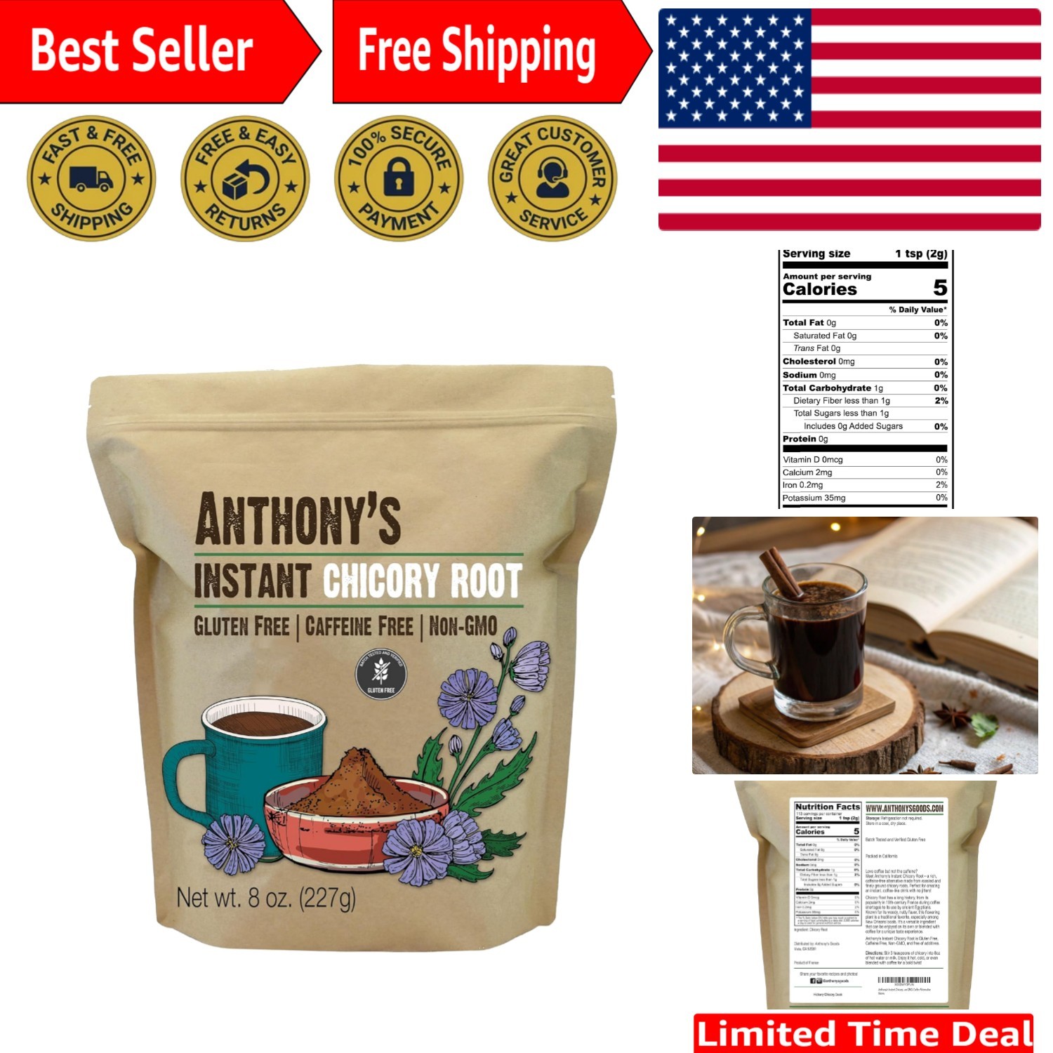 Instant Chicory Root Powder, 8 oz – Caffeine & Gluten Free Coffee Alternative