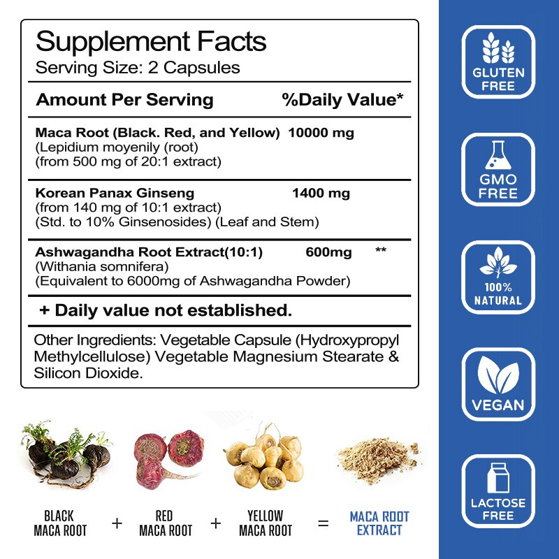Maca + Ginseng Highest Potency Available 14,400mg Supports Desire Stamina 120CT