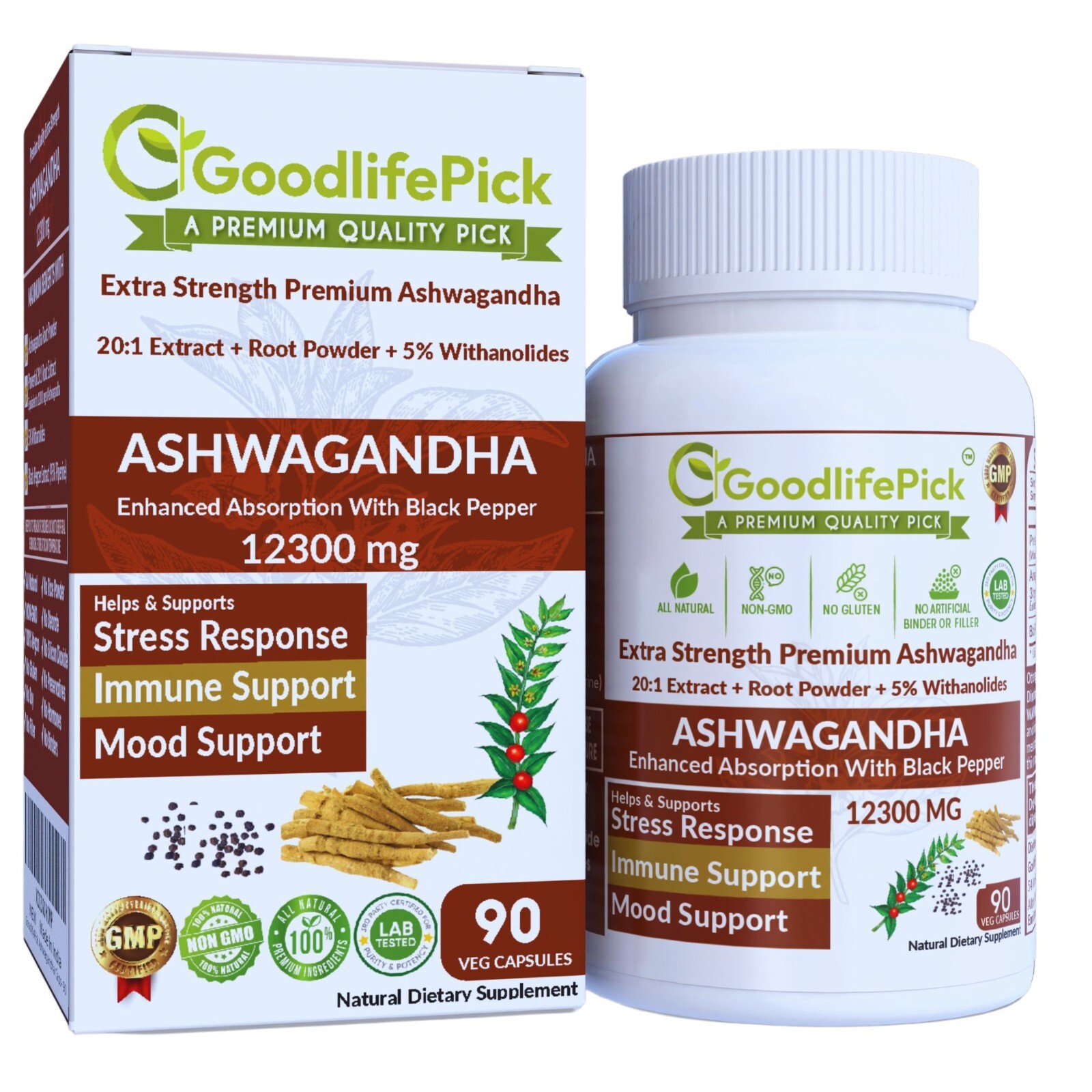 Best Ashwagandha 12300 mg with 5% Withanolides Black Pepper 90 cap Max Benefits