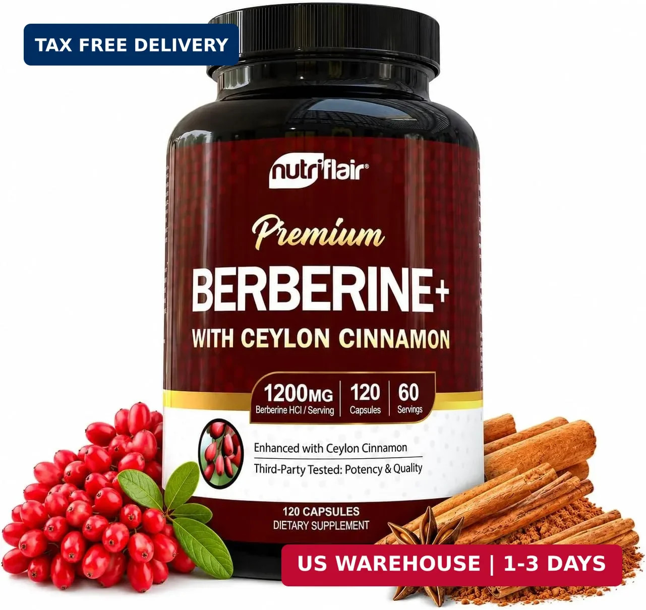 NutriFlair Berberine HCl 1200mg, 120 Capsules – Plus Ceylon Cinnamon, Berberine