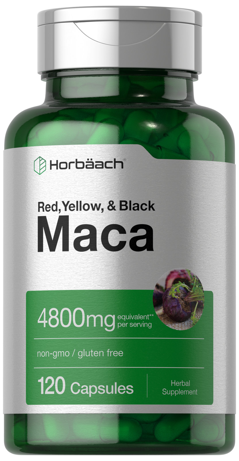 Maca Root Capsules 4800mg | 120 Pills | Red, Yellow, Black Maca | by Horbaach