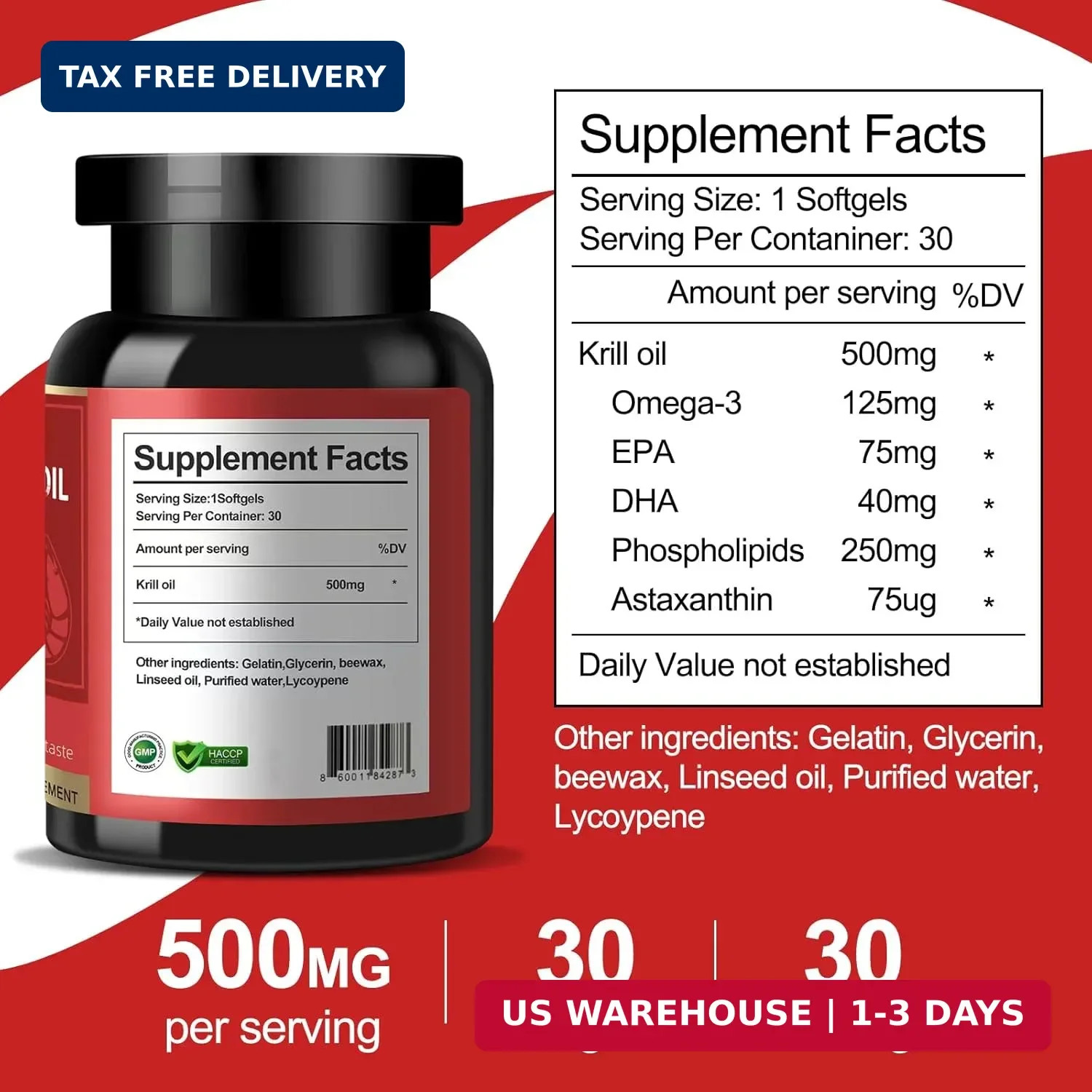 Antarctic Krill Oil – Wild Caught Omega 3 Krill Oil 500 mg with EPA, DHA, Astaxa