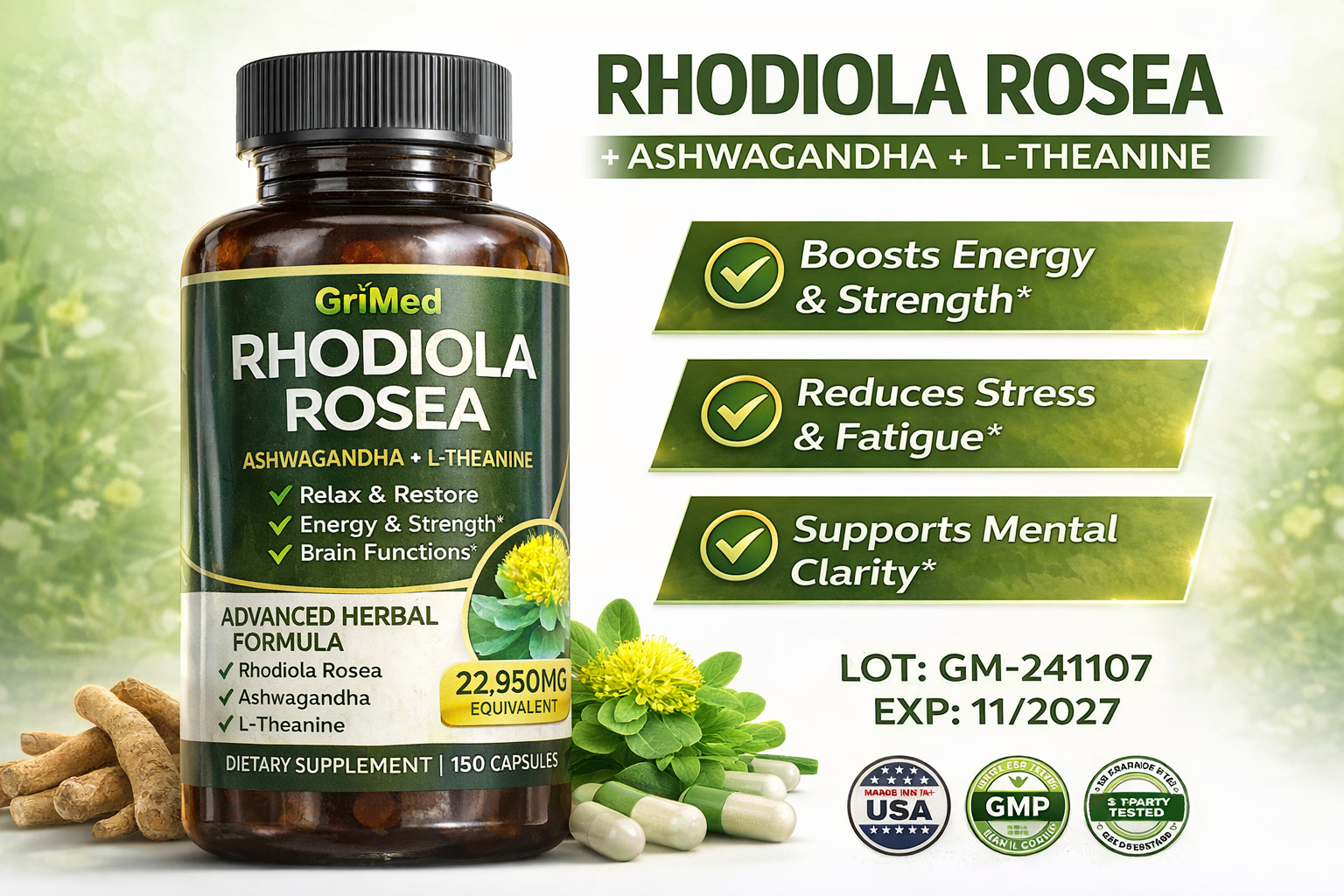 GriMed Rhodiola Rosea 30:1 Extract – Ashwagandha + L-Theanine – 150 Capsules –