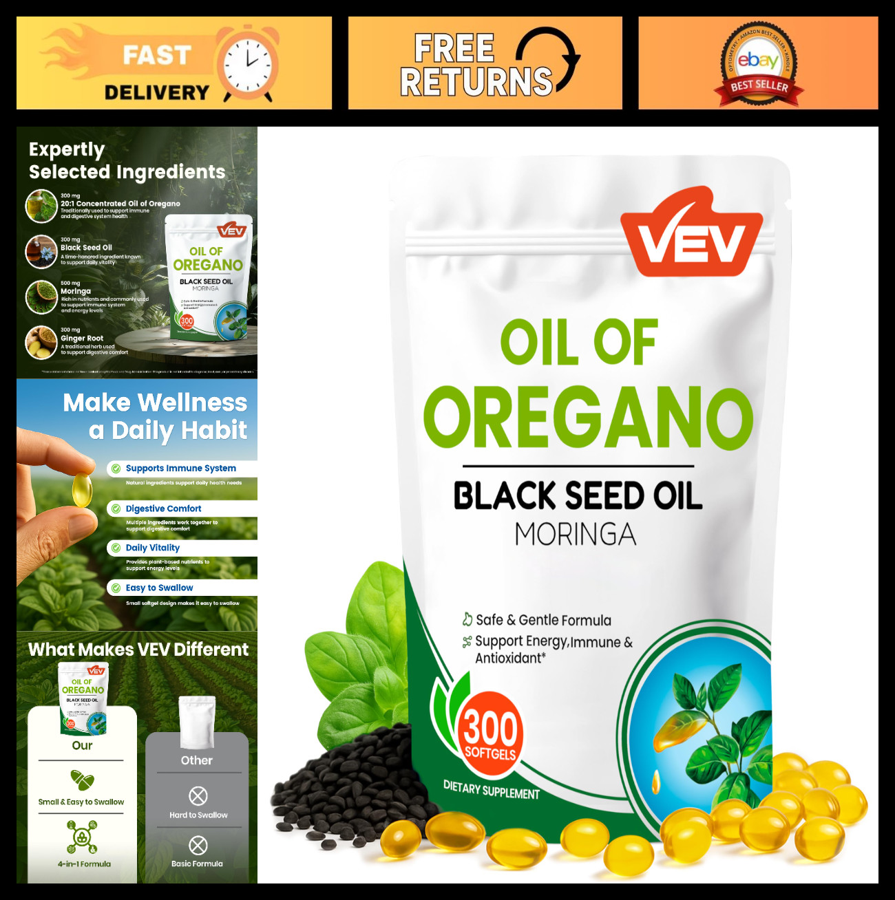 Organic Oil of Oregano with Black Seed & Moringa – 300 Softgels, Carvacrol-Rich