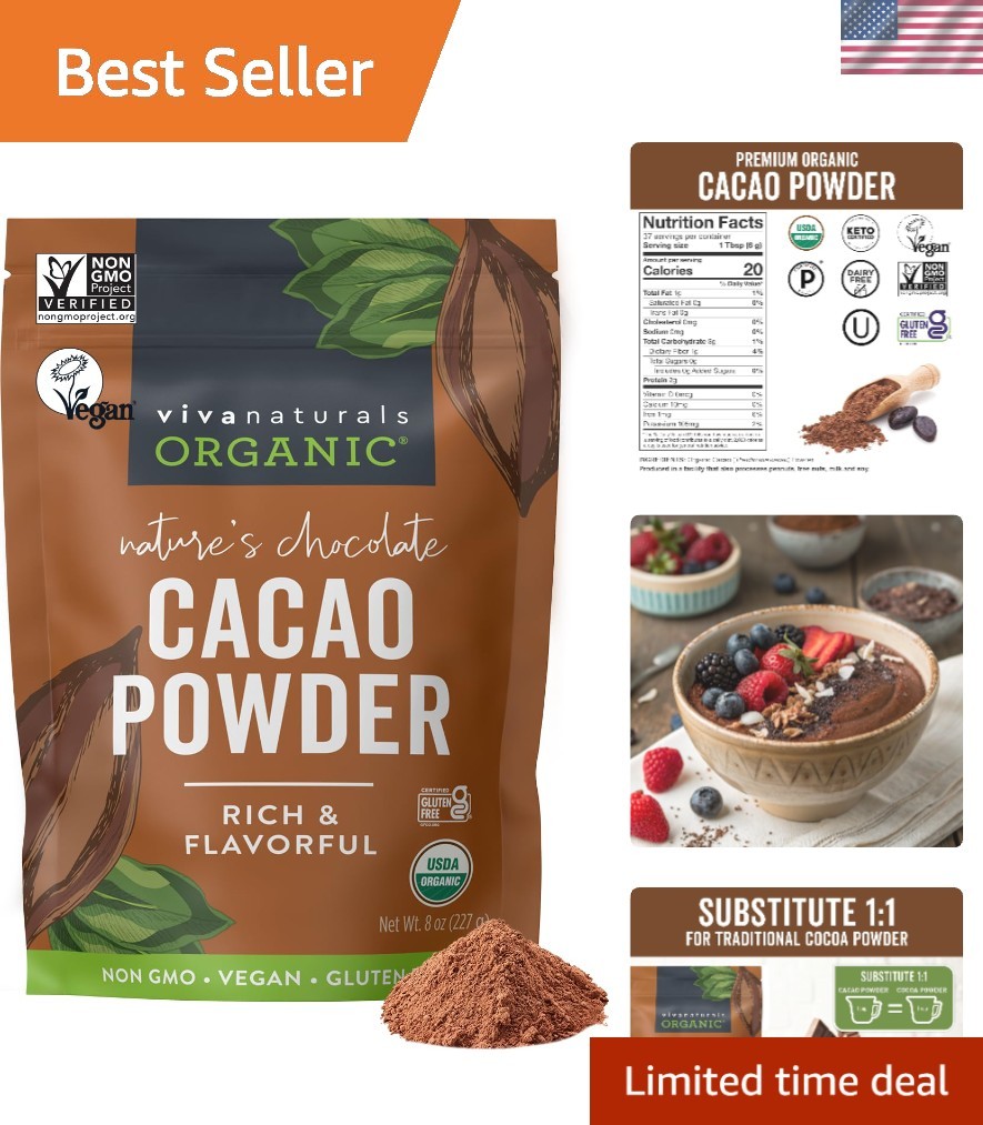 Organic Cacao Powder 8 oz – Unsweetened, Rich Flavor for Baking & Smoothies