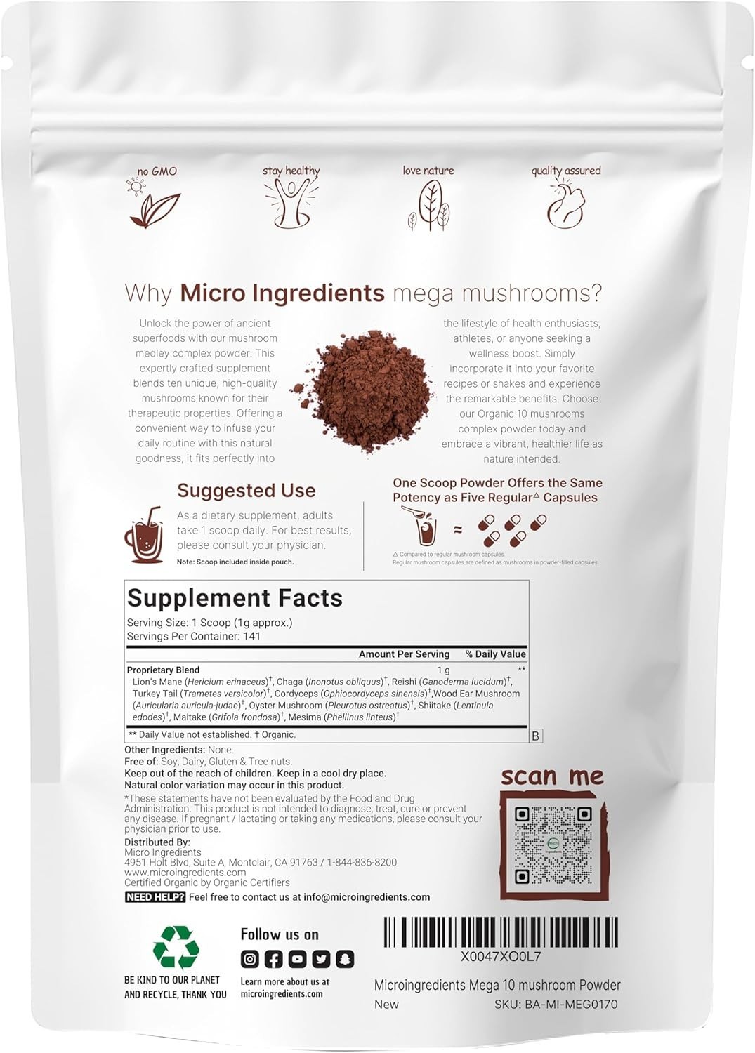 Organic Mushroom Powder 10-in-1 Blend 5 oz for Smoothies Immune & Brain Support