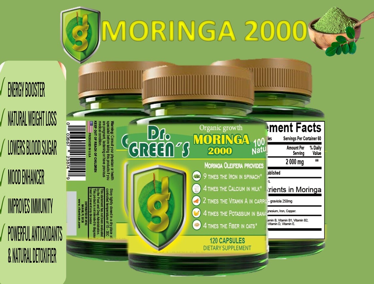 PURE MORINGA oleifera leaf 120 MORINGA ORGANIC CAPSULES 100% MORINGA LEAVES