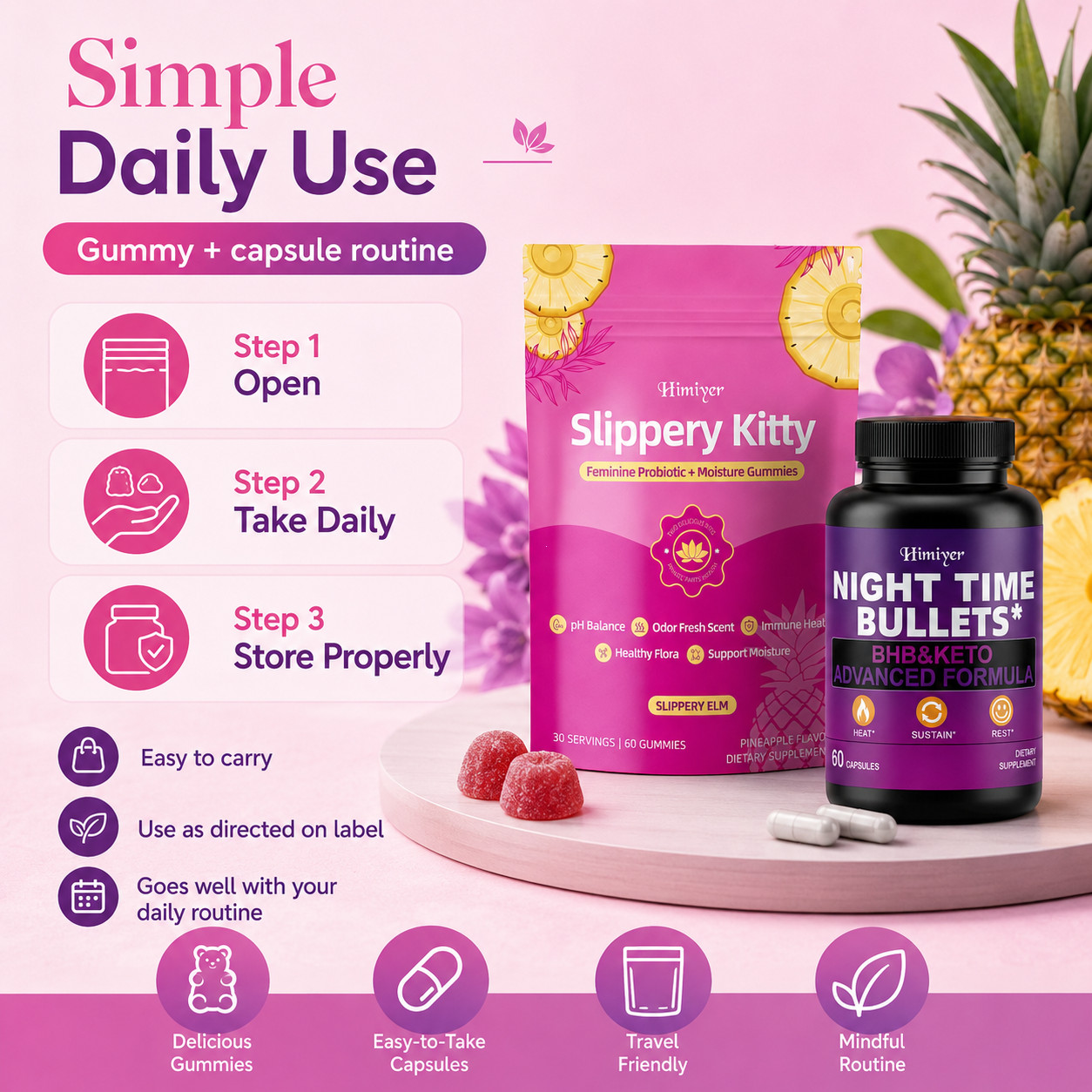 Himiyer Wellness Duo: Slippery Elm Probiotic Gummies & Keto BHB Night Capsules