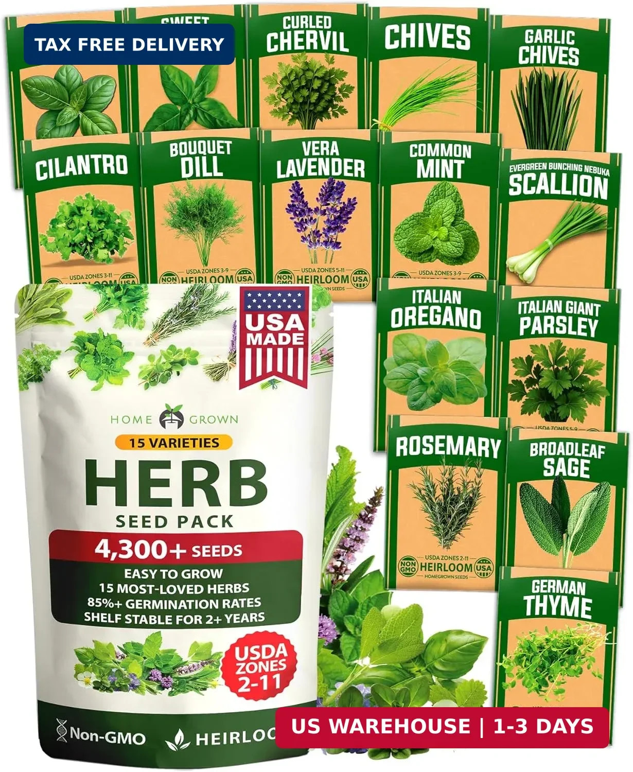 HOME GROWN Herb Seeds for Planting 15-Pack Massive Seed Count 4,300+ Seeds Non-G