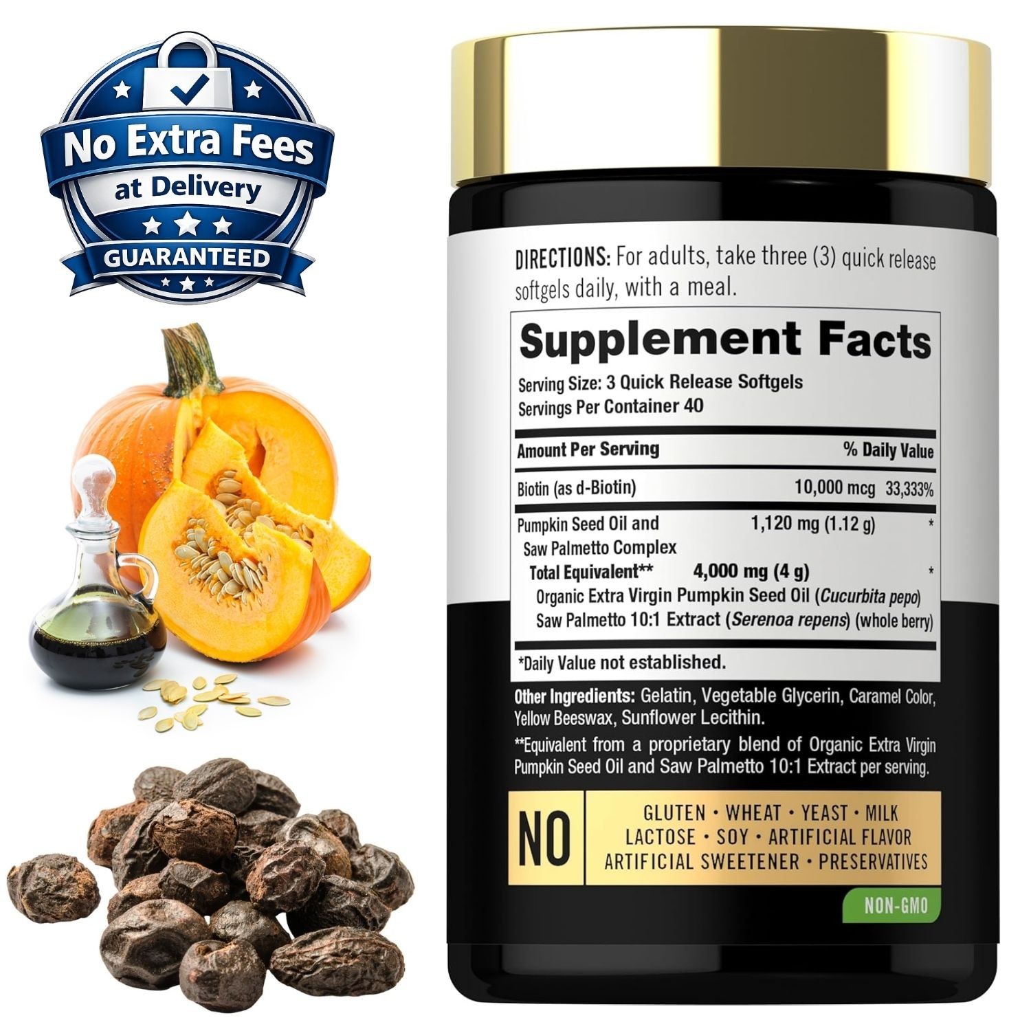 Aceite Semilla Calabaza y Saw Palmetto 4000mg con Biotina 10000mcg, 120 Softgels