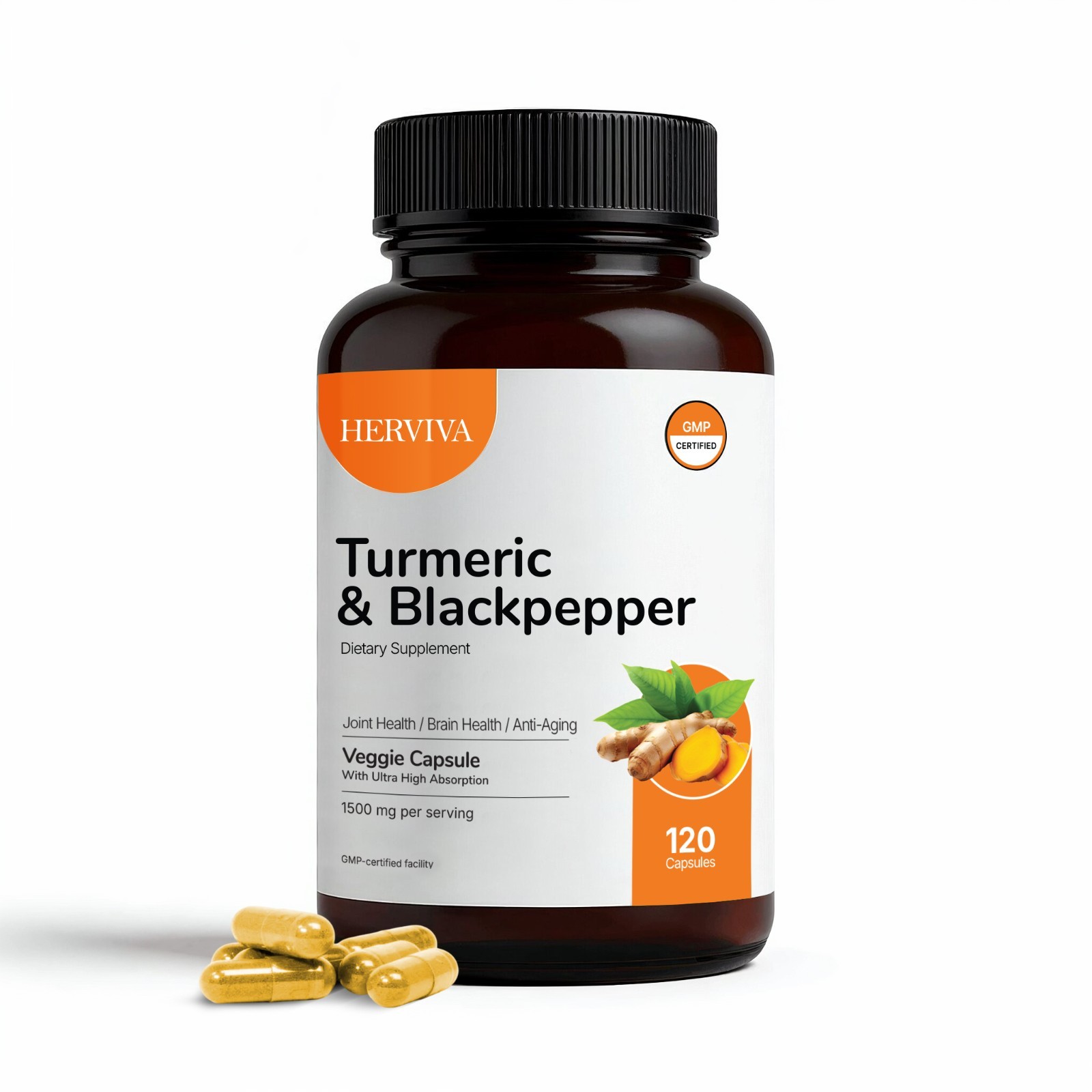 Herviva Organic Turmeric Curcumin and Black Pepper Extract Capsules – 1500mg