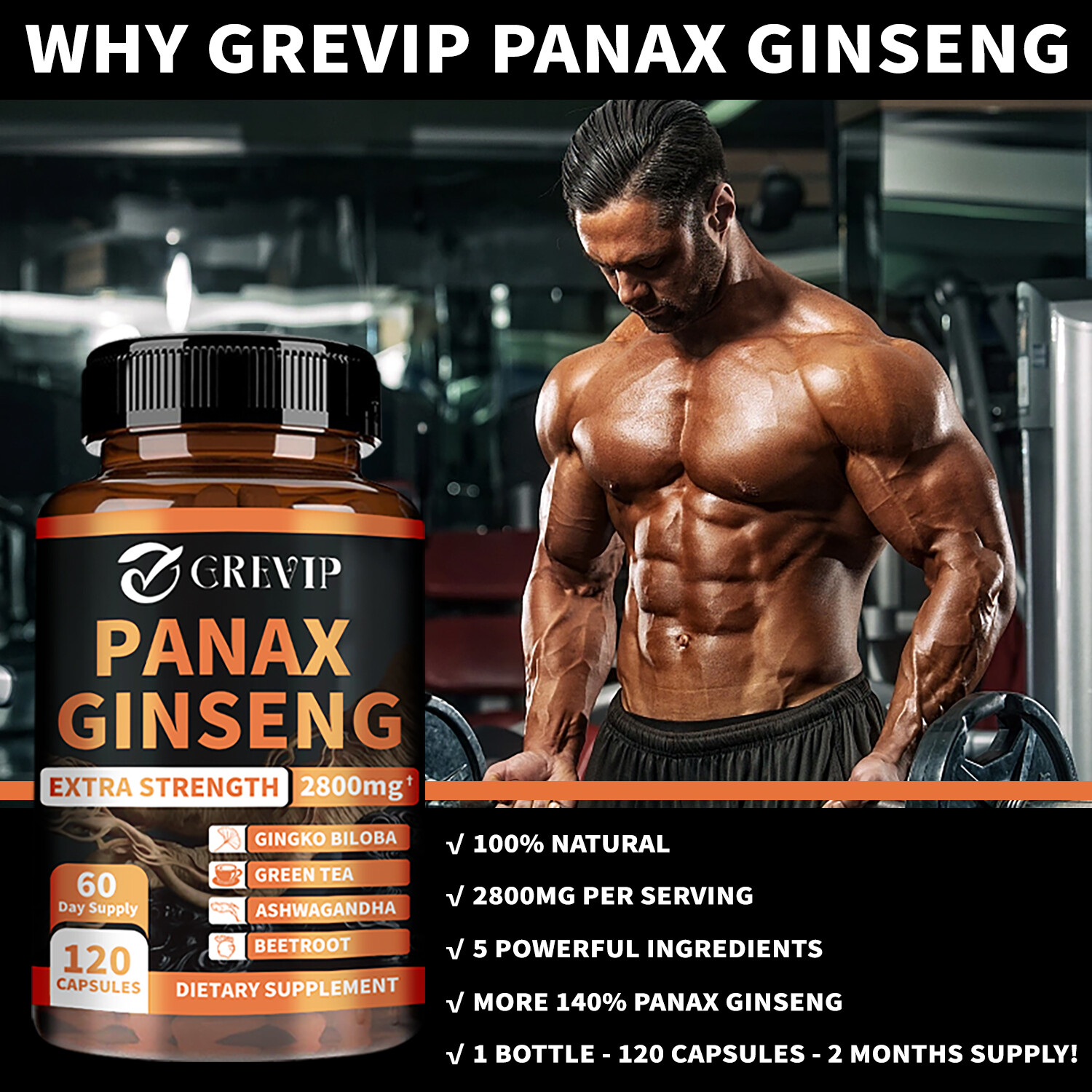 Panax Ginseng 2800mg – Ginkgo Biloba – for Memory Focus Brain & Muscle Health