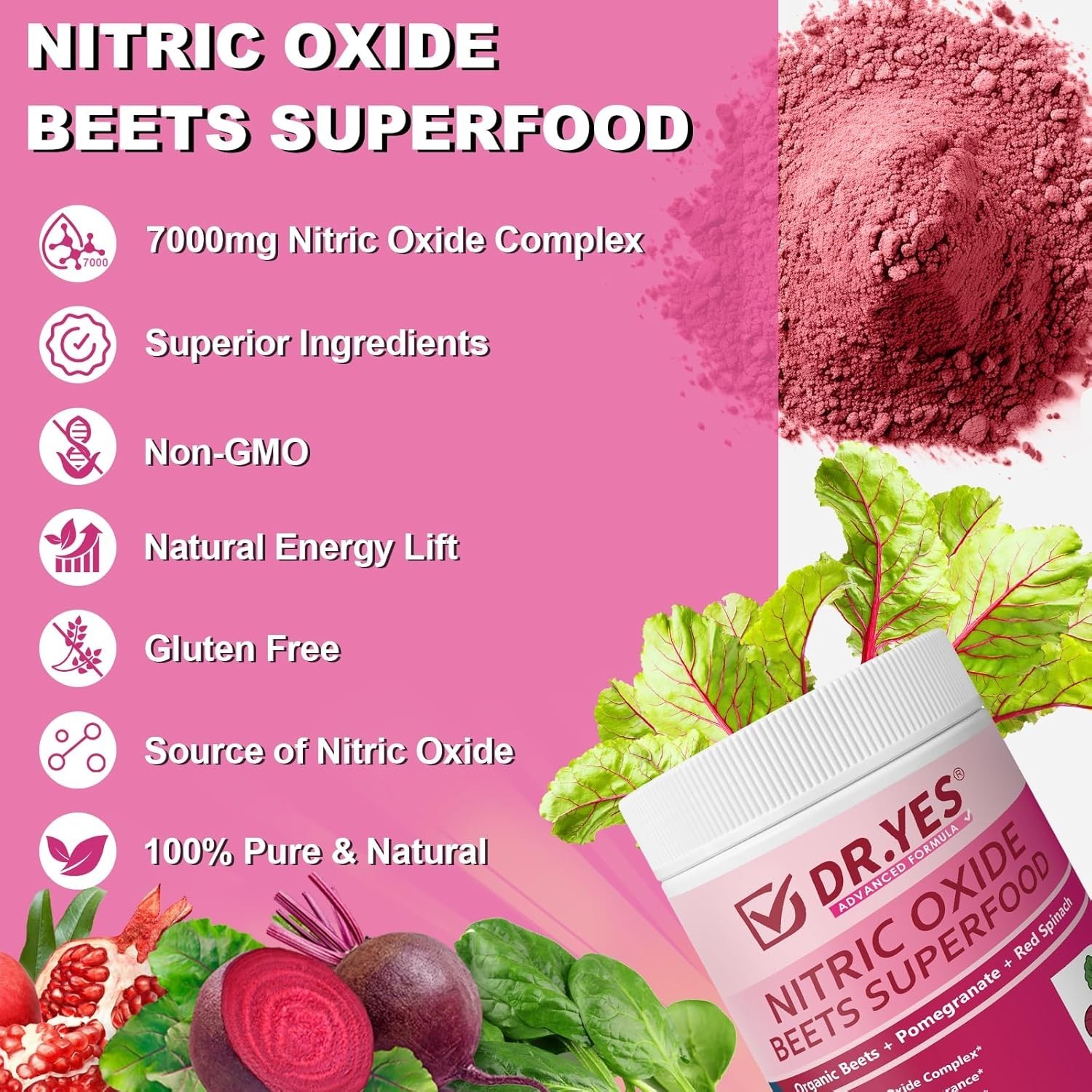 DR.YES Organic Beet Root Powder 8.47oz Nitric Oxide Support Non-GMO Gluten-Free