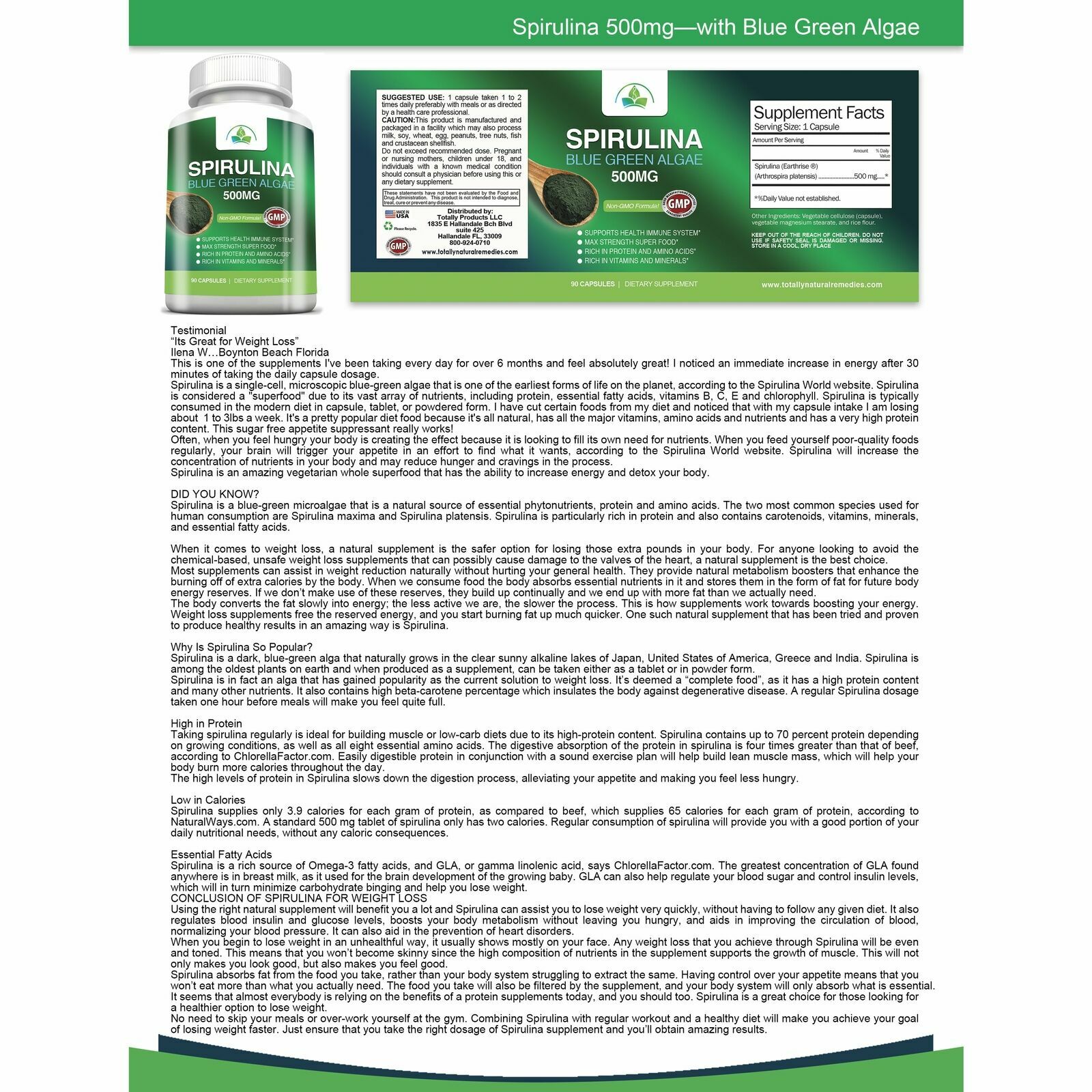 Spirulina Blue Green Algae Immune Support & Smart Slim Weight Management 60 Caps