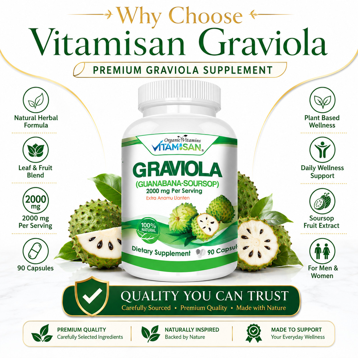 Soursop Graviola 2000 mg x/serving 360 Capsules Guanabana 6 Month supply Annona