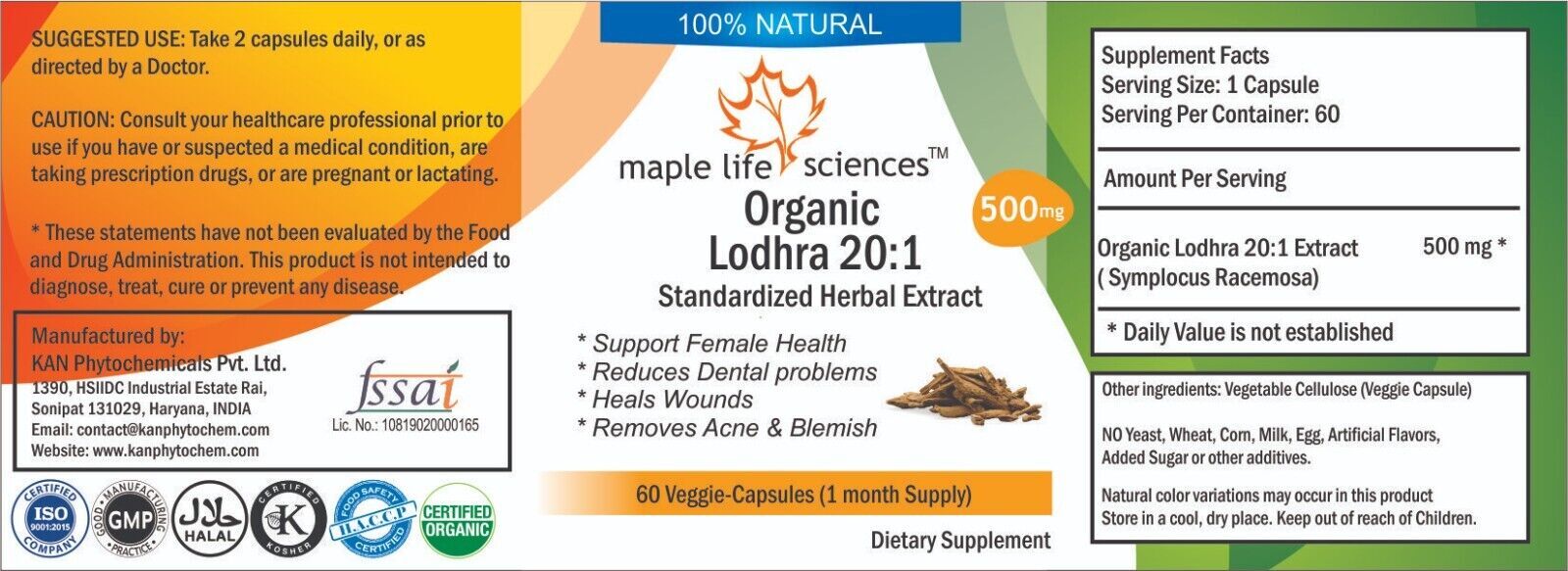 ORGANIC Symplocos Racemosa (Lodhra) 20:1 Extract Capsules For Women Health