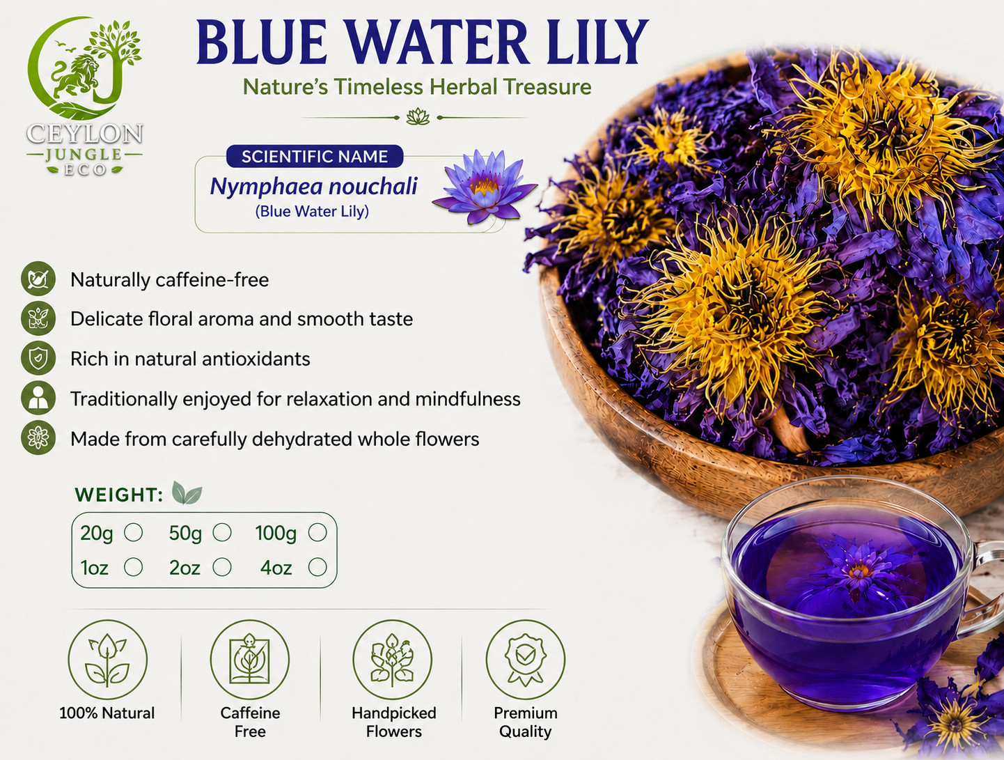 Dried Blue Lotus Flower Organic Ceylon Nymphaea Caerulea Natural Herbal Drink