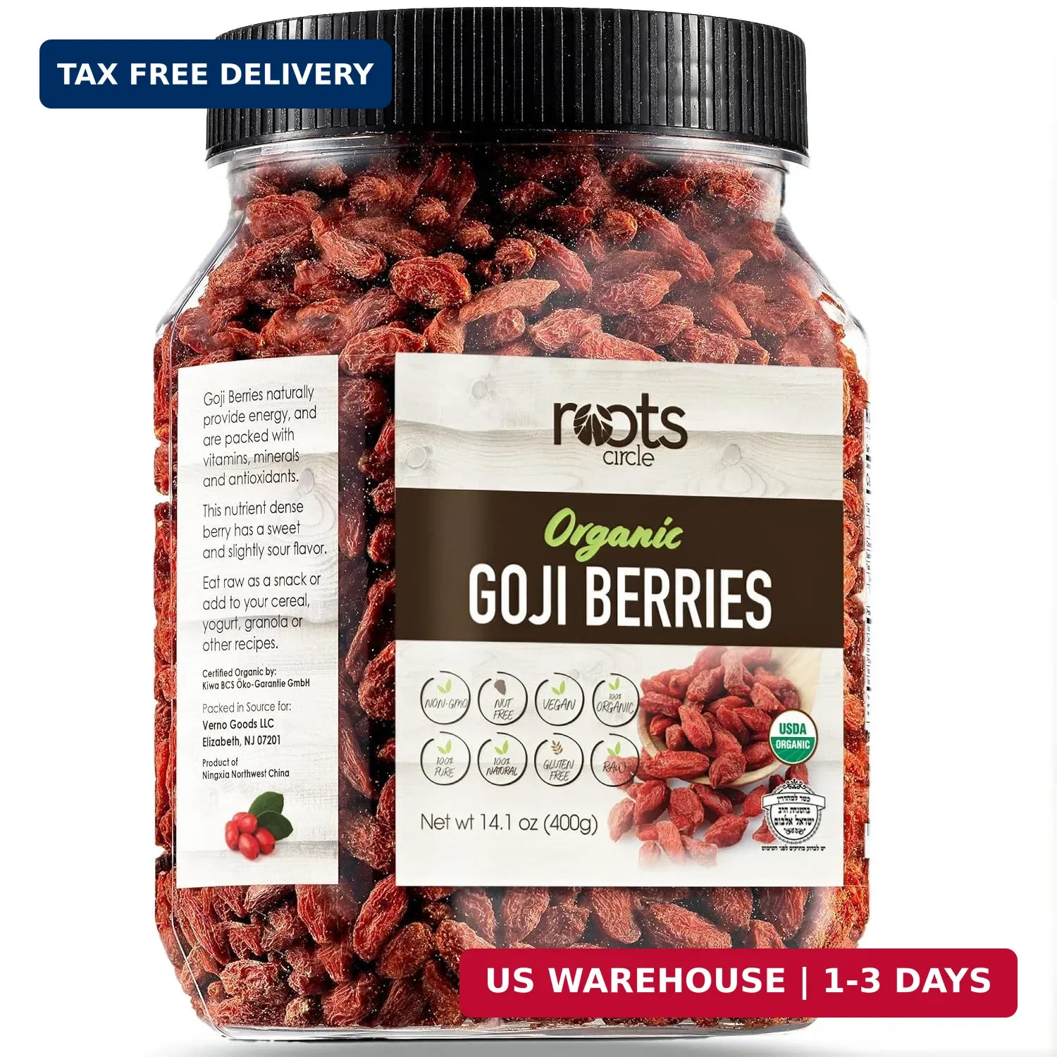 Roots Circle USDA Organic Dried Goji Berries 14.1oz Jar 1 Pack | Bulk Supply of