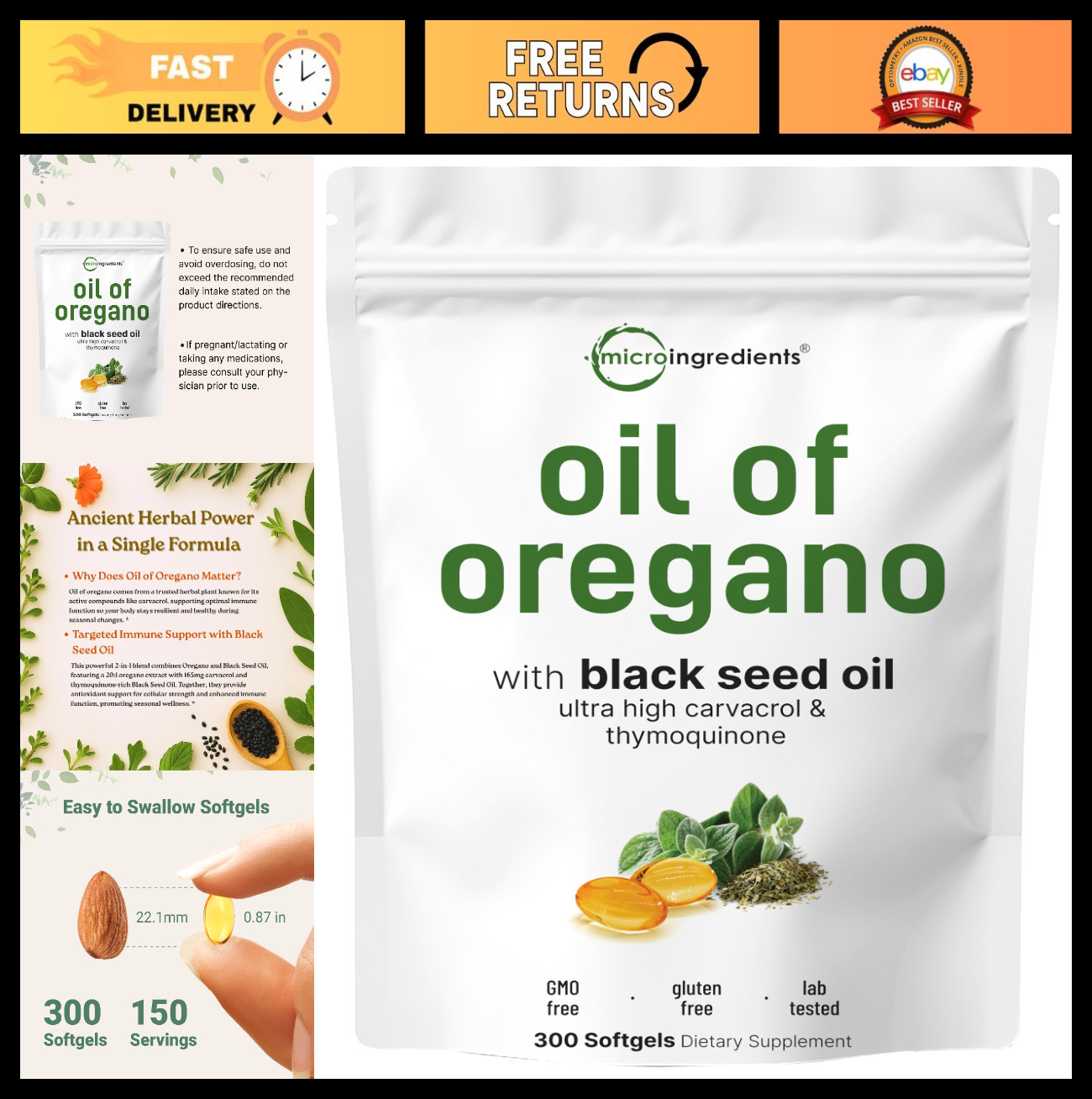 Oregano Oil Softgels 300 Count | 4X Strength Carvacrol & Thymoquinone | Plant-Ba