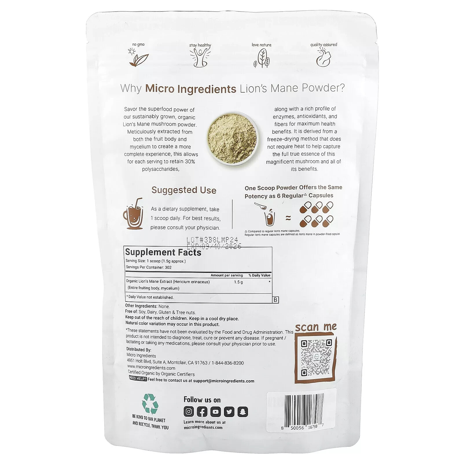 ORIGINAL Micro inggredients Organic Lion’s Mane Powder 1 lb (454 g) EXP. 08/2026
