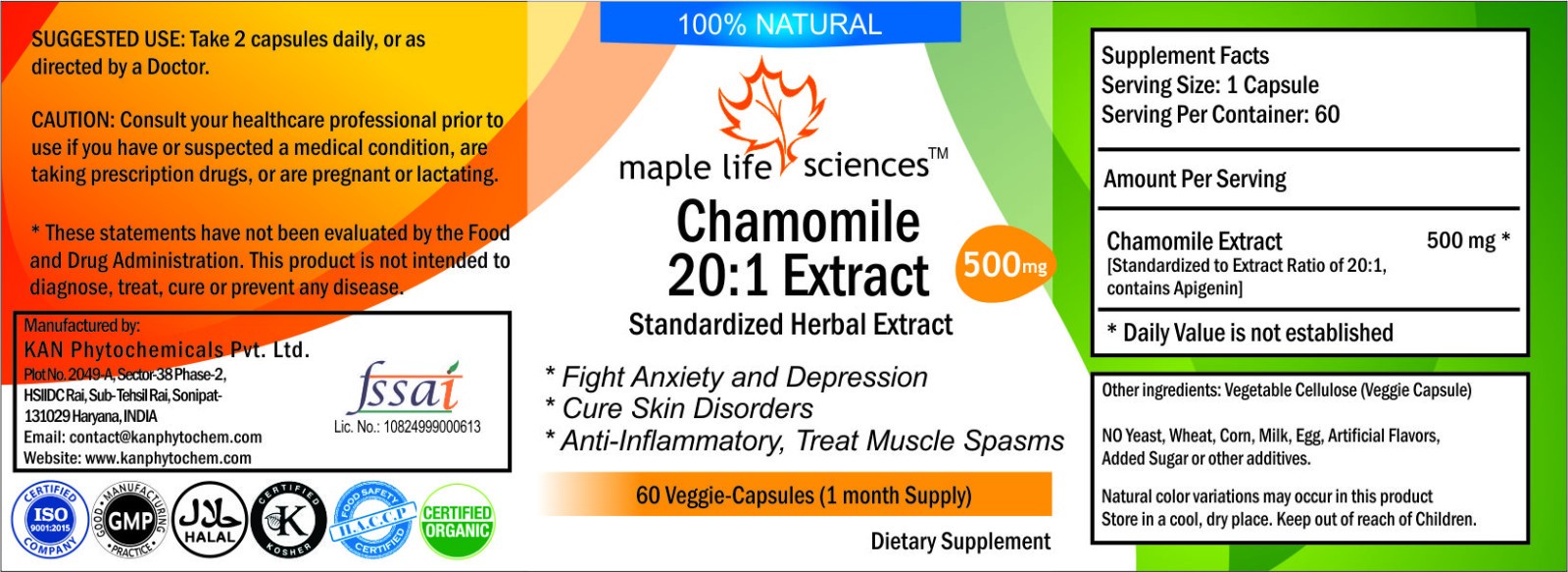 Chamomile Flower Extract Capsules (Matricaria Recutita) APIGENIN For Anxiety