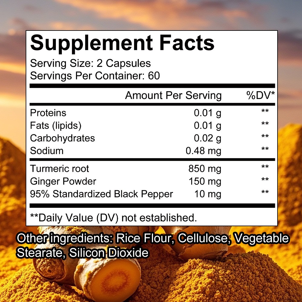 Turmeric+Ginger Piperine Natural Support Digestive Joint Vitality 30/60/120 Caps