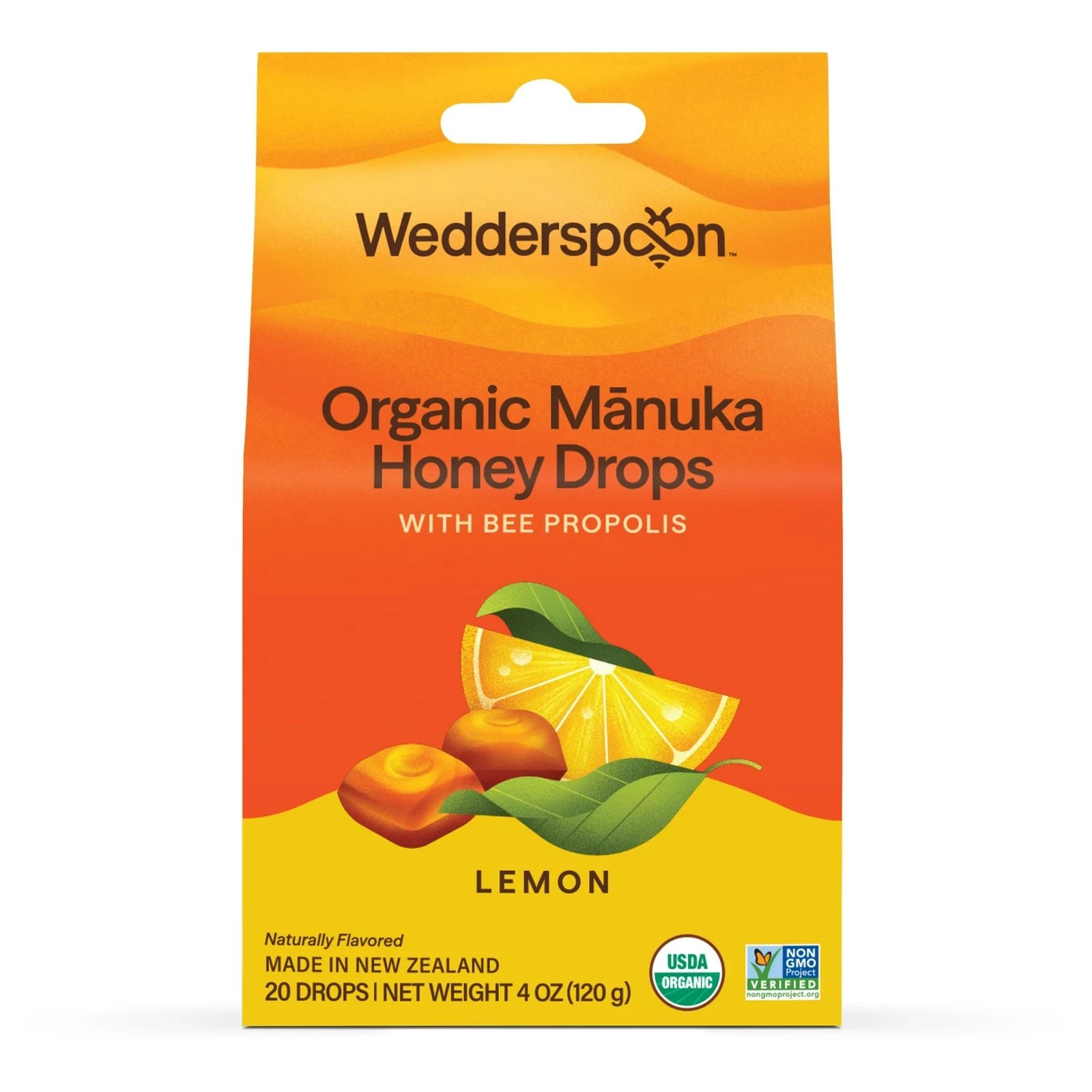 Wedderspoon Organic Manuka Honey Drops Lemon with Bee Propolis 4 oz