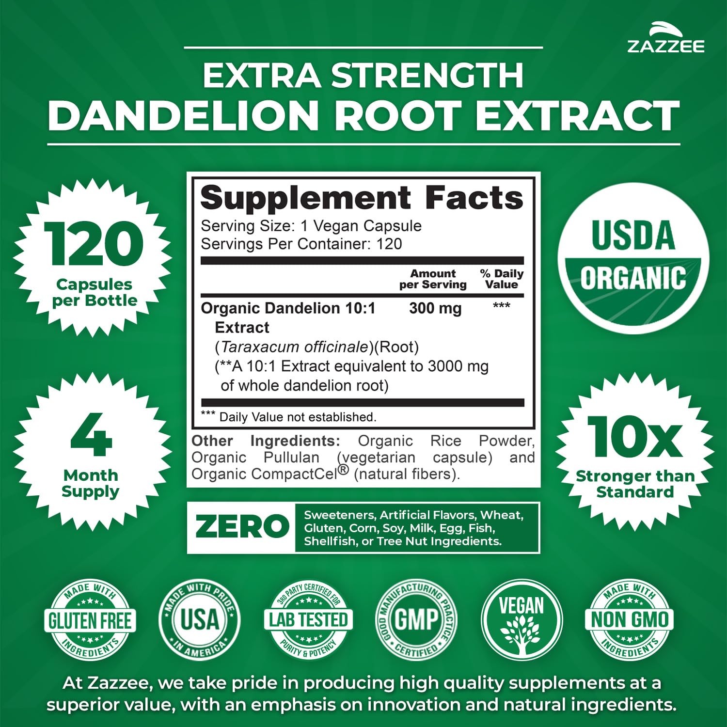 USDA Organic Dandelion Root 10:1 Extract Capsules 120 Count 4 Month Supply