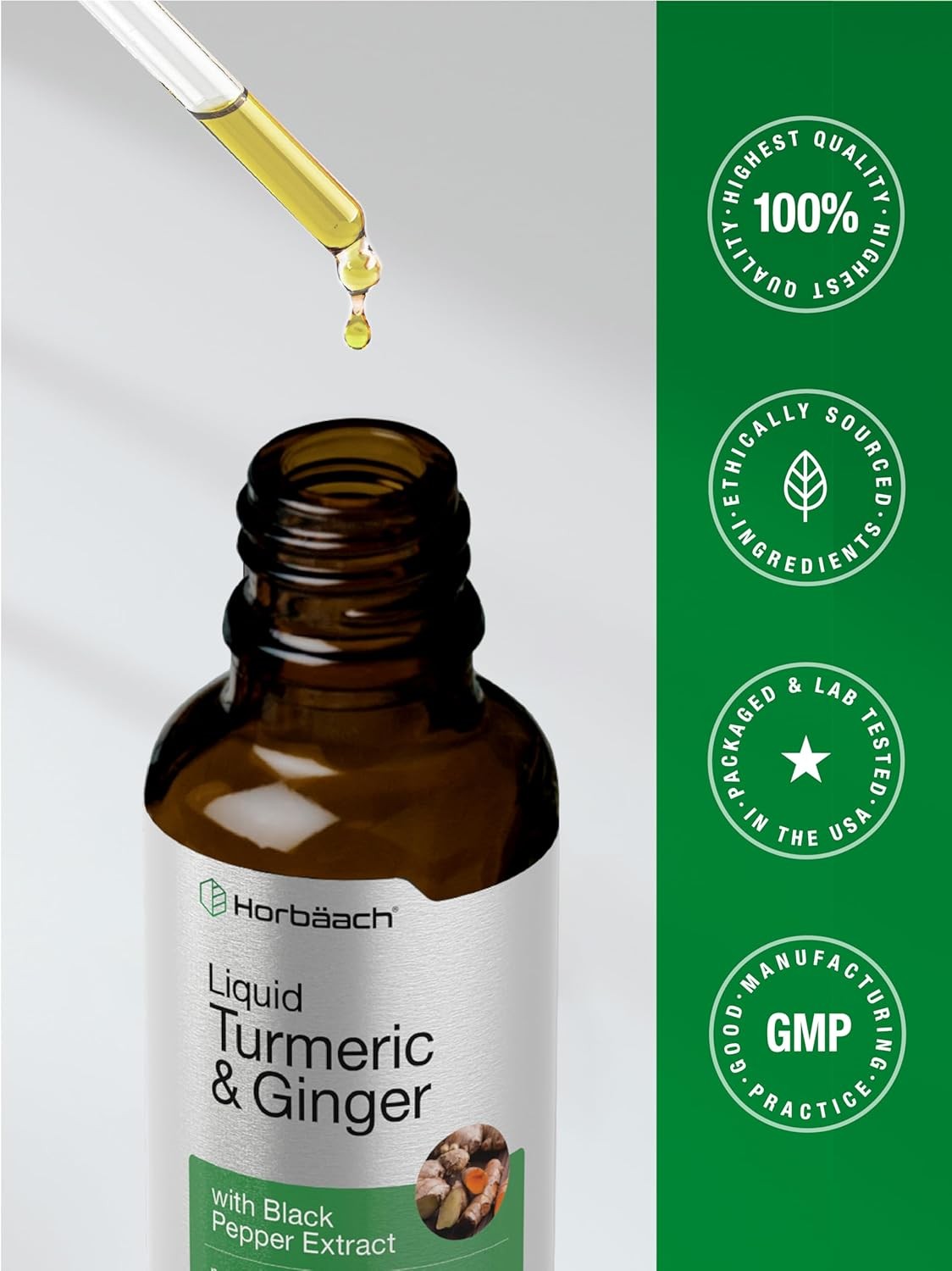 Turmeric and Ginger Liquid 4 fl oz | with Black Pepper | Vegan | by Horbaach