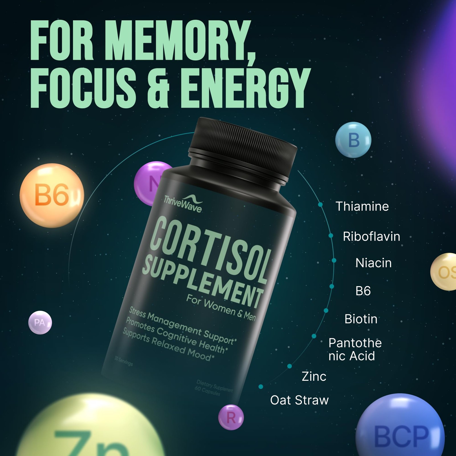 Cortisol Support Capsules Bacopa Lemon Balm Ashwagandha GABA 60 Count