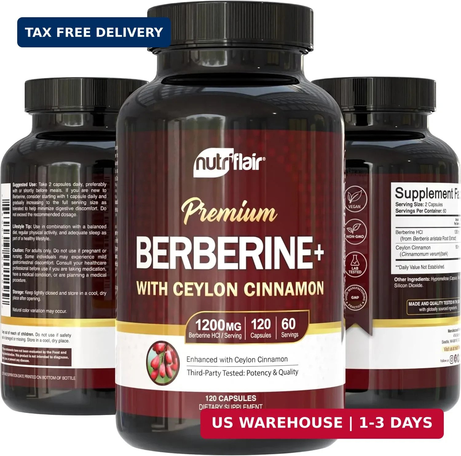 NutriFlair Berberine HCl 1200mg, 120 Capsules – Plus Ceylon Cinnamon, Berberine