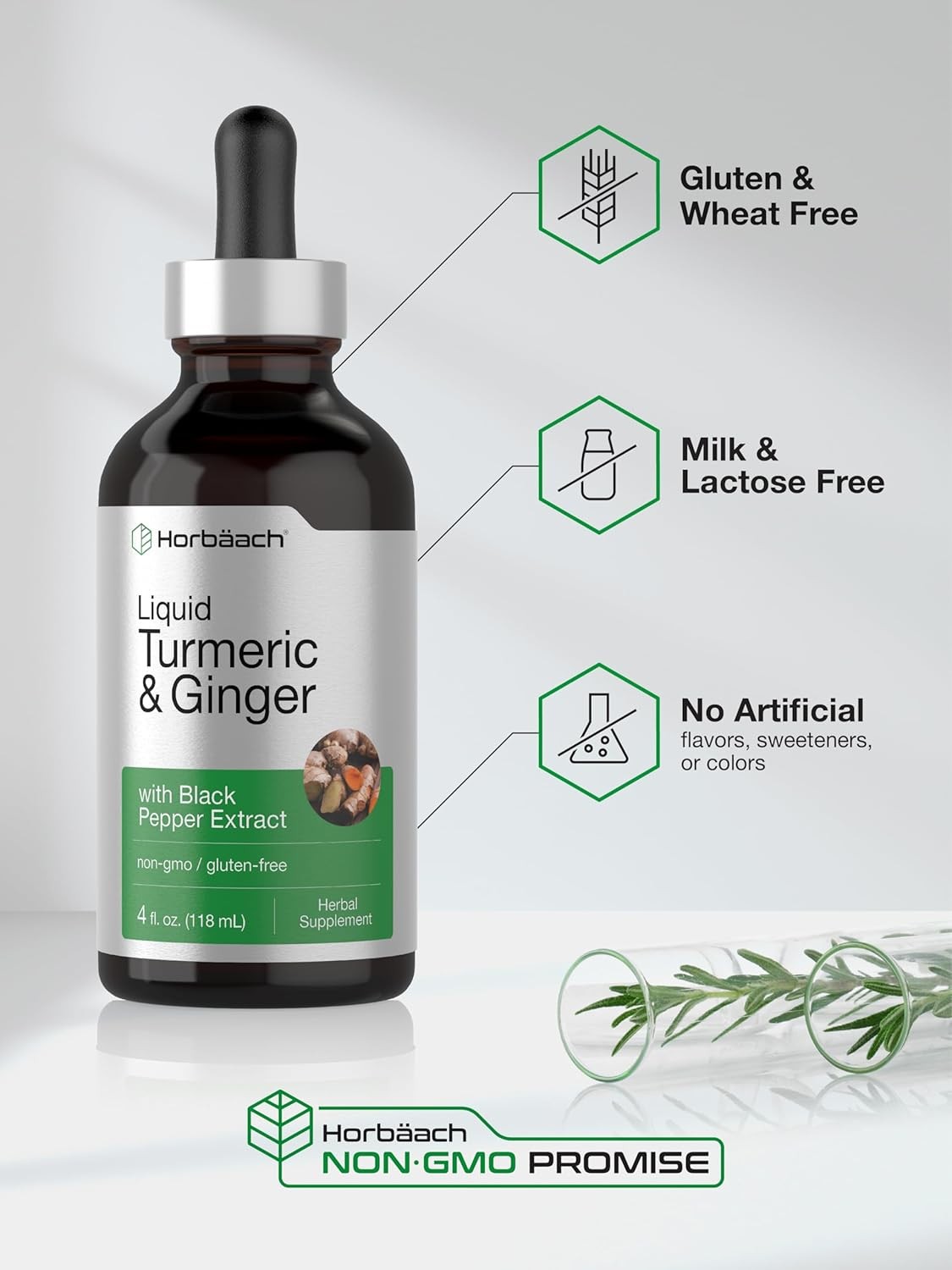 Turmeric and Ginger Liquid 4 fl oz | with Black Pepper | Vegan | by Horbaach