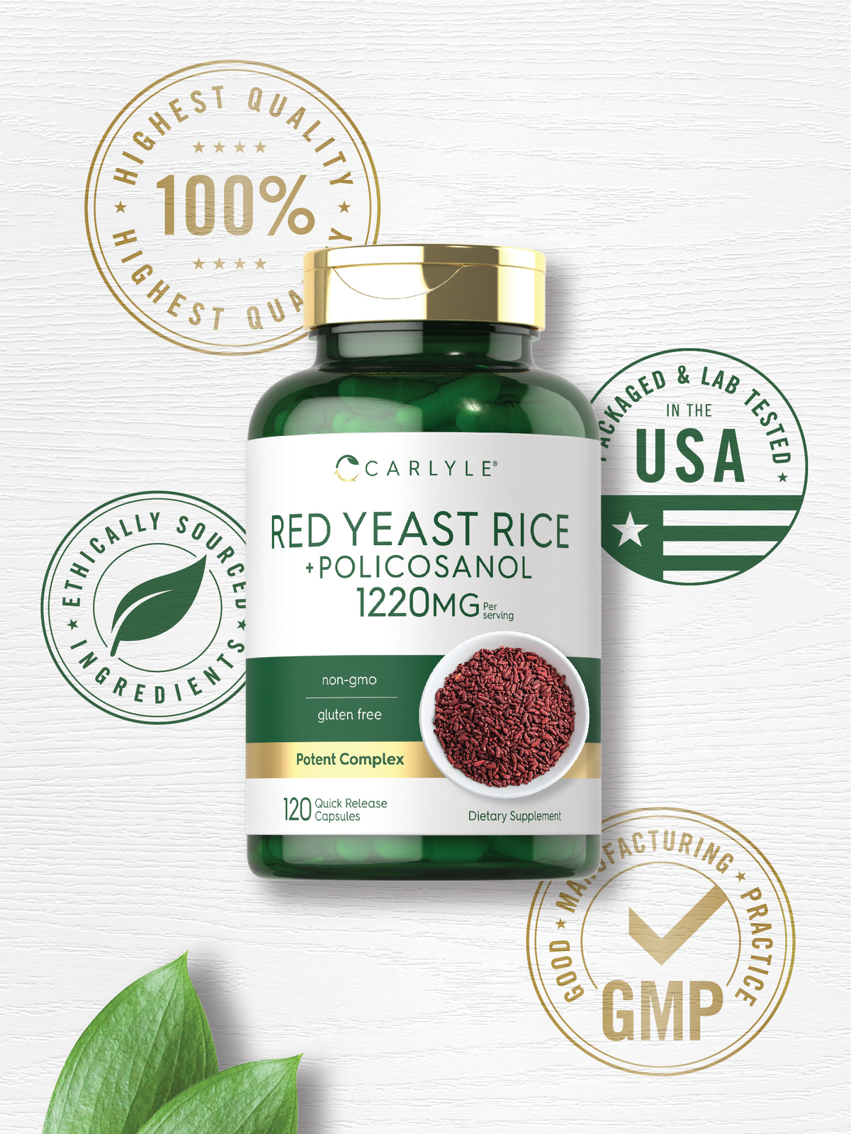 Red Yeast Rice with Policosanol | 1220mg | 120 Capsules | Non-GMO | by Carlyle