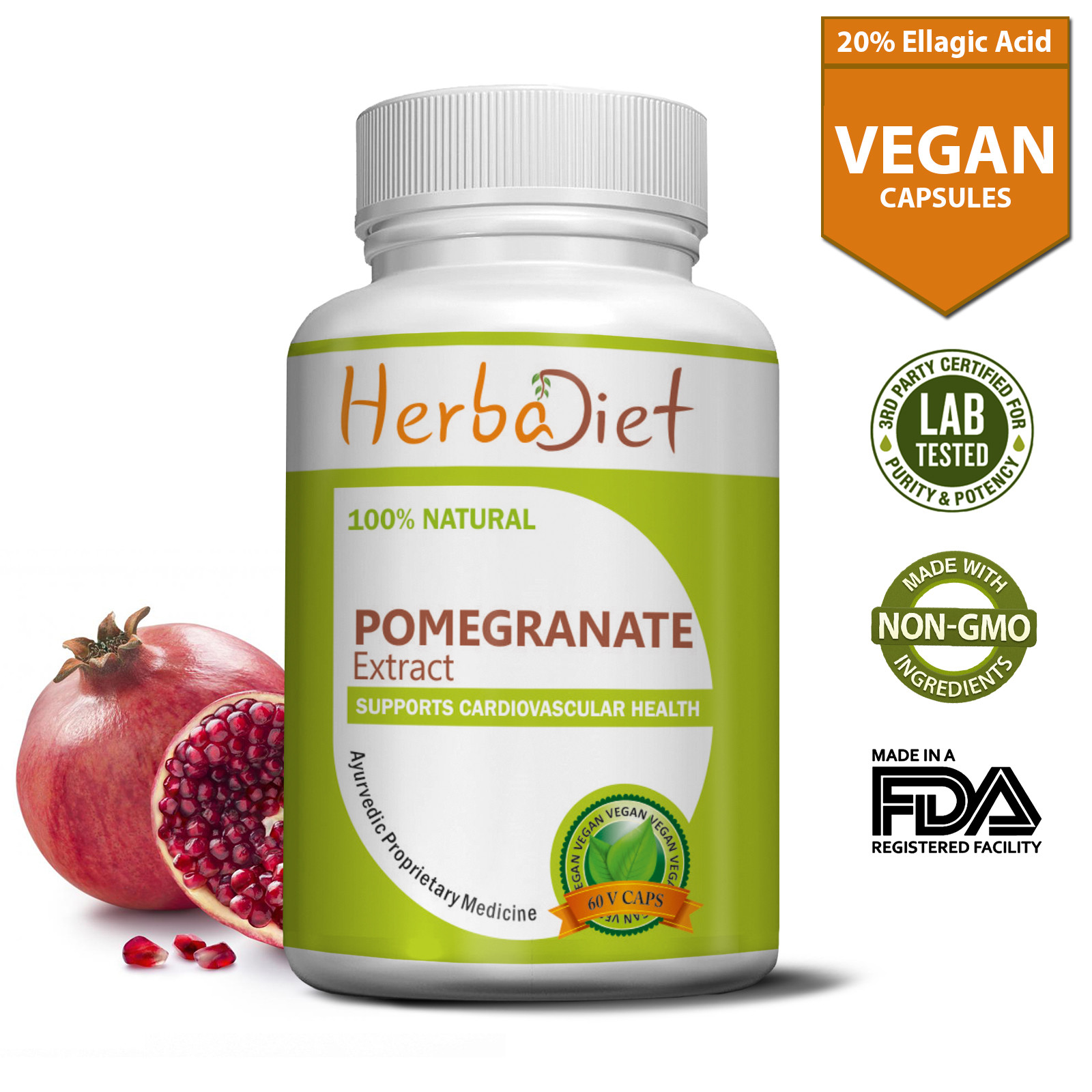 Pomegranate Extract Standardized Veggie Capsules 40% Ellagic Acid Antioxidant