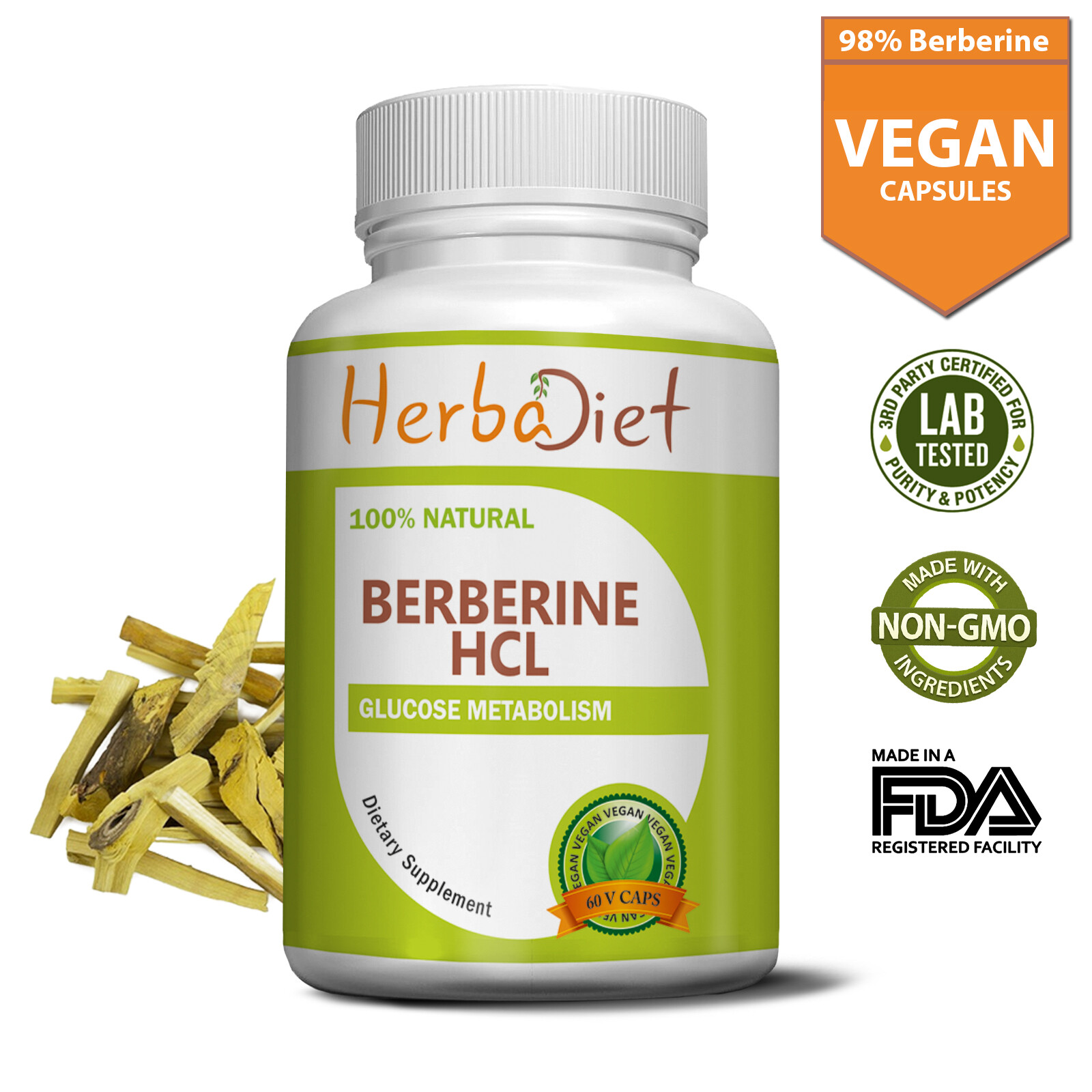 Berberine 98% Extract Capsules 40:1 (12,000 mg eq) Blood Sugar Glucose Support
