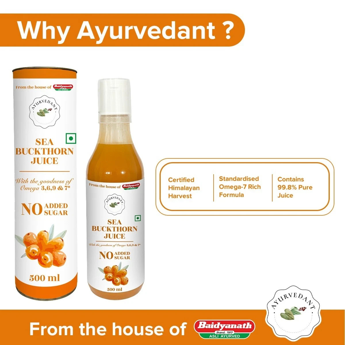 Baidyanath Sea Buckthorn (Hippophae rhamnoides) Juice 500ml , 100% Natural