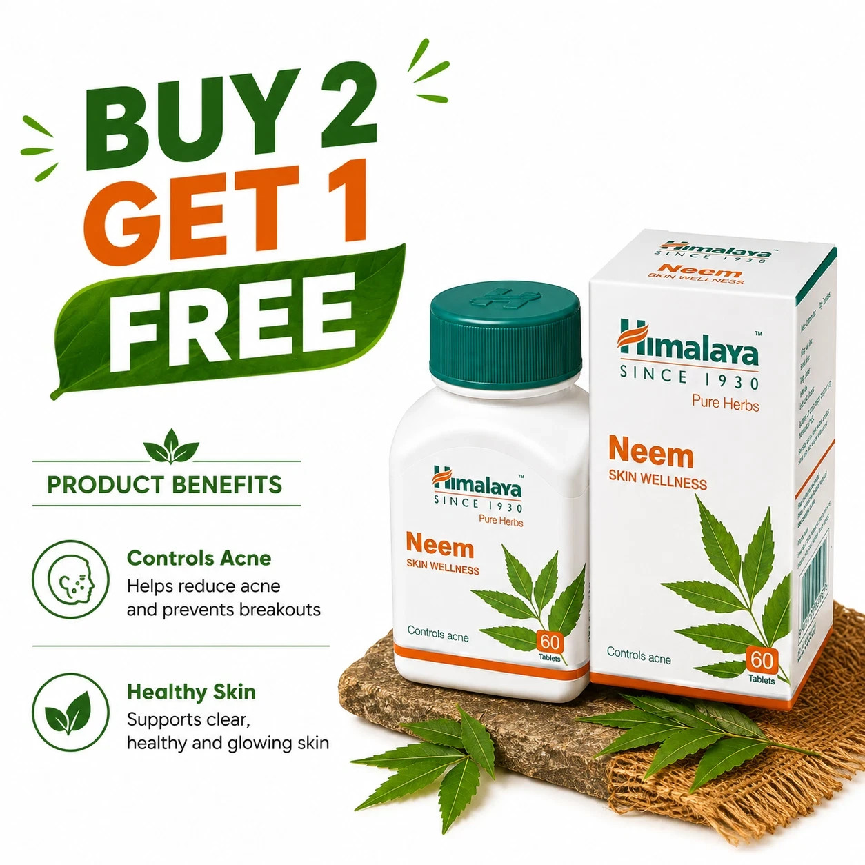 Himalaya Neem Tablets – Buy 2 Get 1 Free (60 Tabs Each) | Acne Control | Herbal