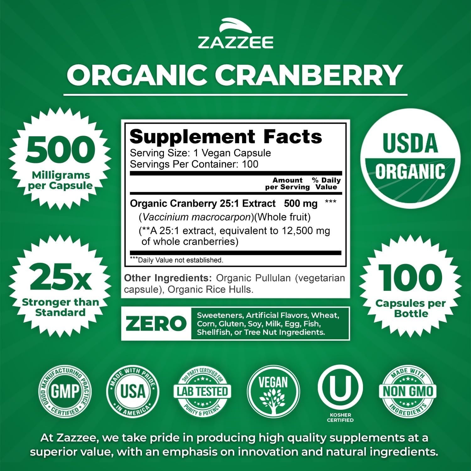 Kosher Certified Organic Cranberry Extract – 100 Capsules, 3+ Supply