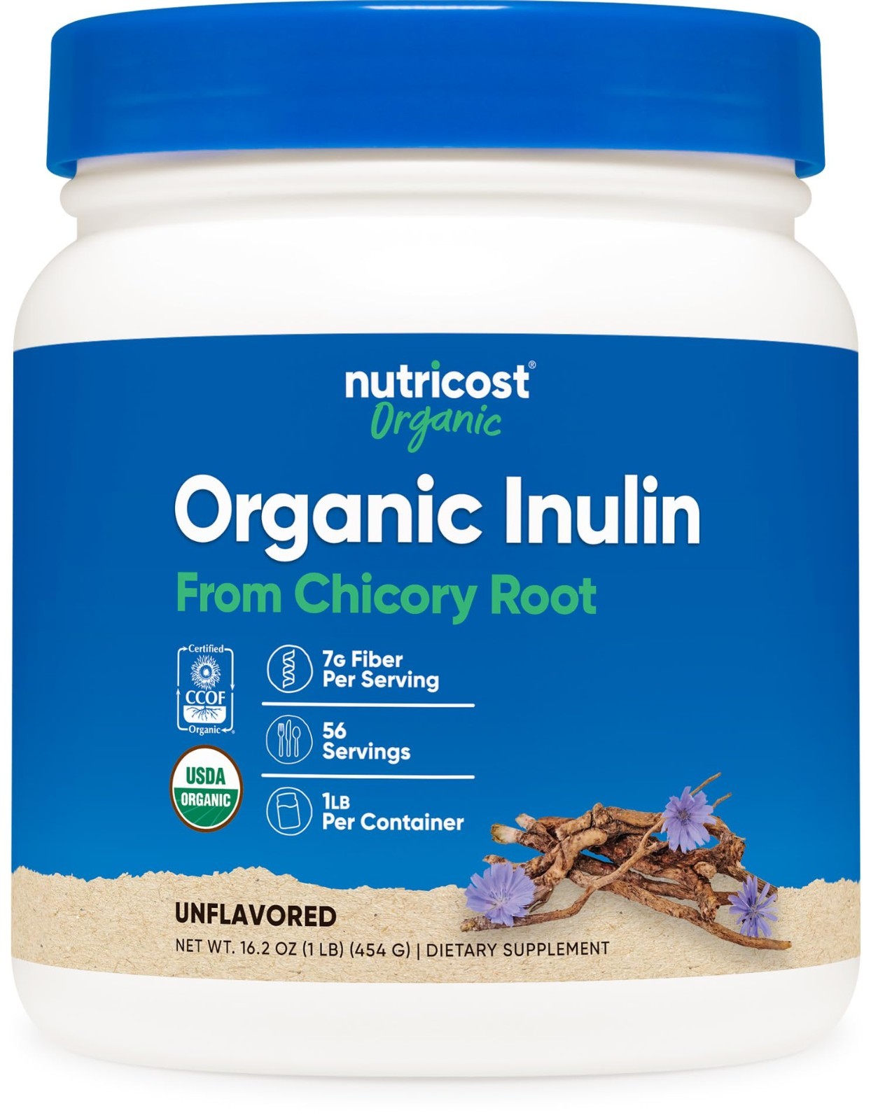 Organic Inulin Powder 1LB – 7g Fiber per Serving – Chicory Root – USDA Organic